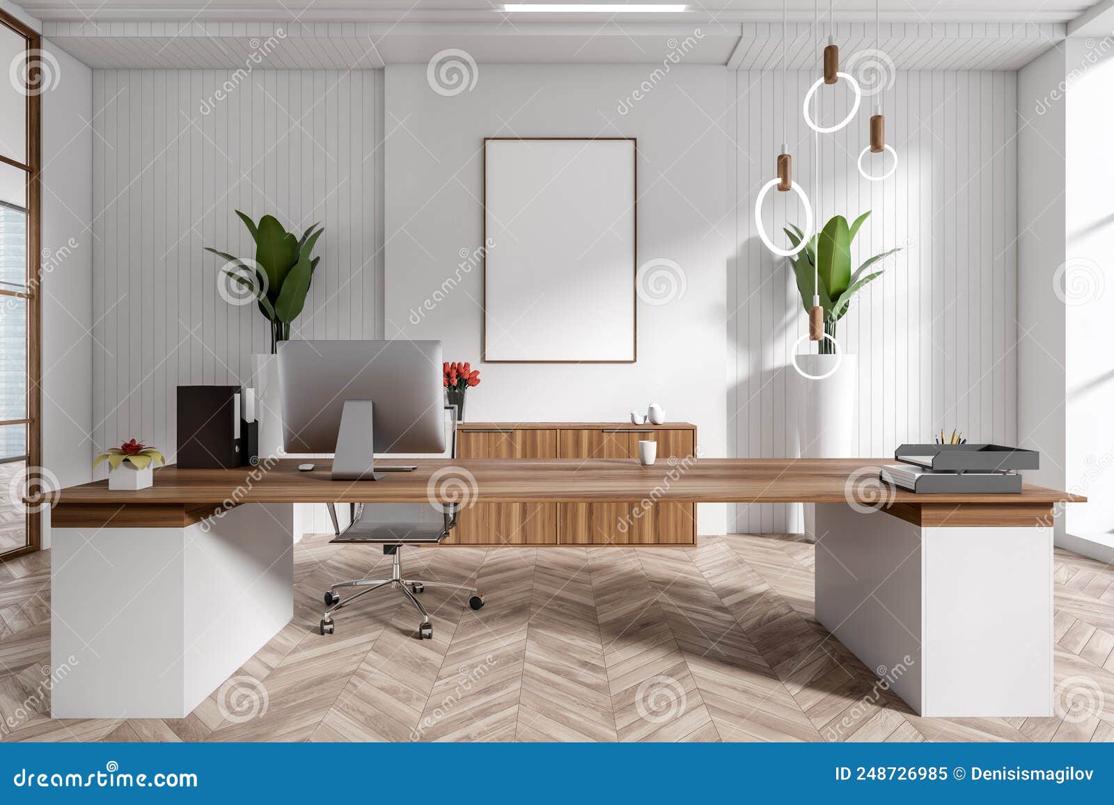 Helles Business Room Interieur Mit PC-Dekoration. Spannrahmen Stock  Abbildung - Illustration von schreibtisch, fahne: 248726985