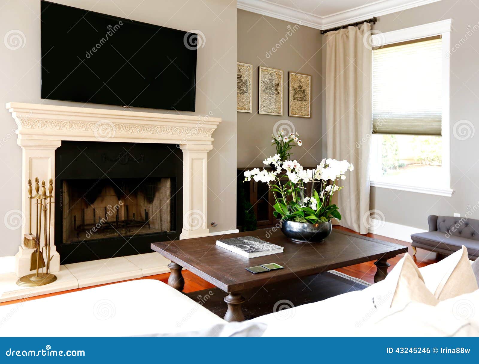 Helles Luxuswohnzimmer Mit Kamin Und Fernsehen Stockfoto Bild Von Hell Real 43245246