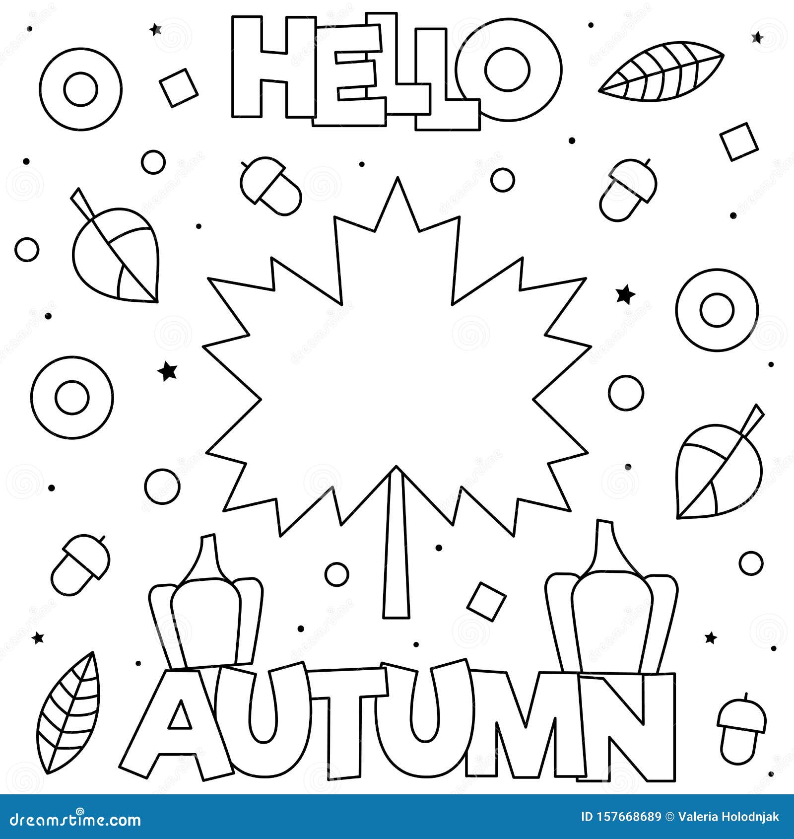 Hello Autumn. Coloring Page. Black and White Vector Illustration Stock