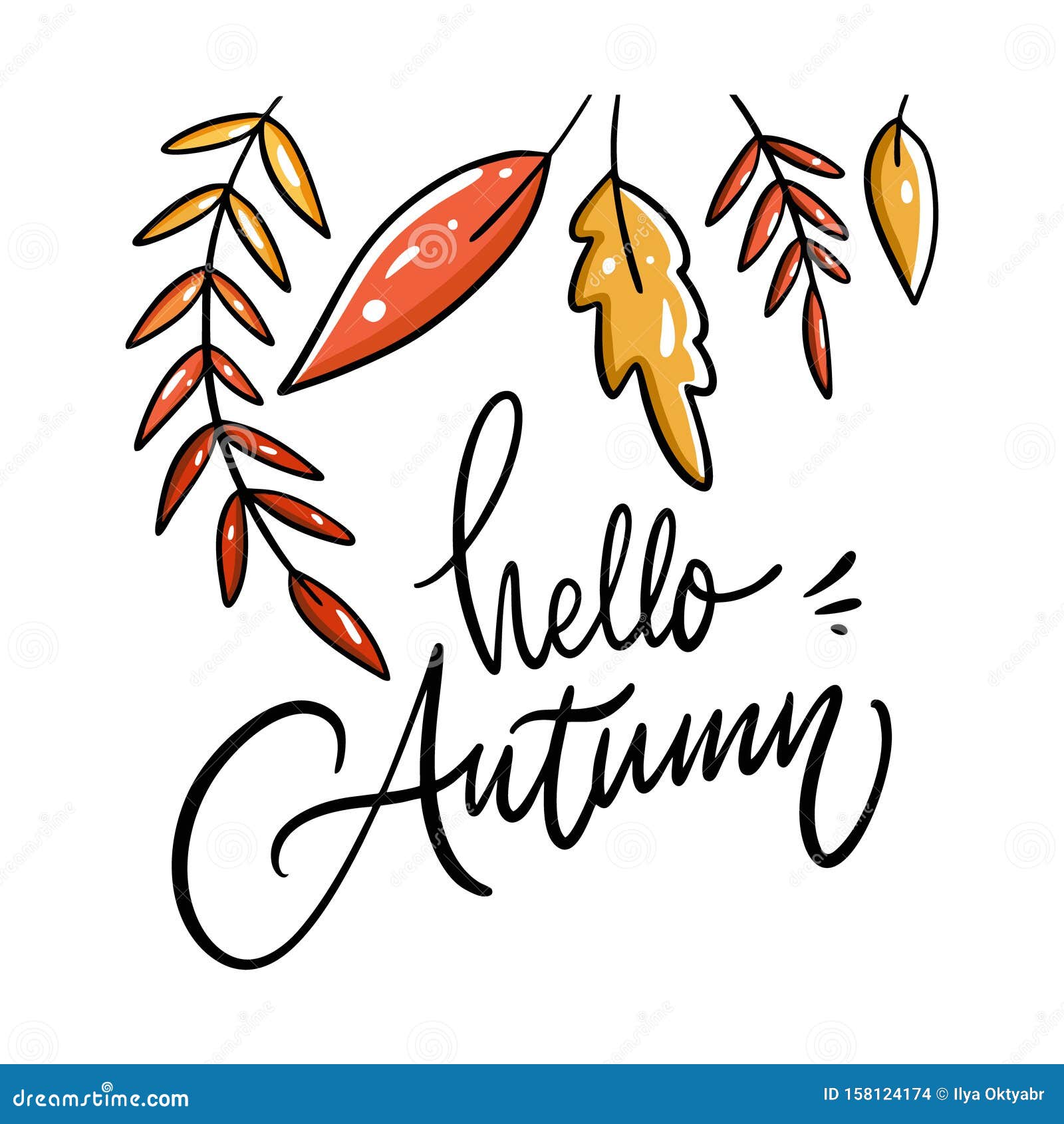 Hello Autumn Leaves Hand Drawn Vector Illustration. Isolated on White ...