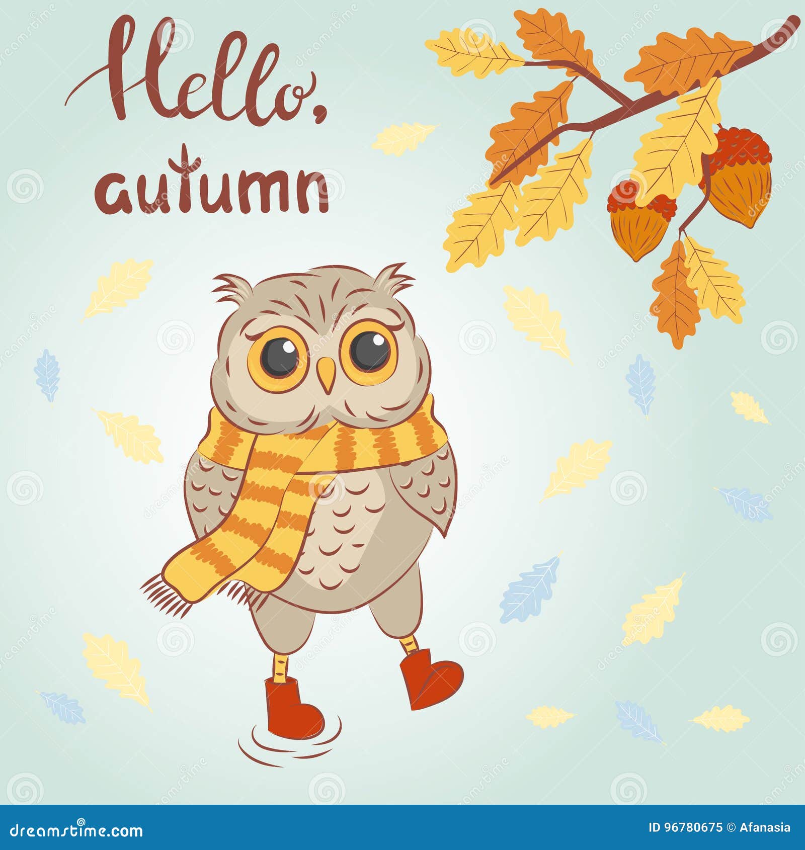 Hello Autumn Vector Illustration with Cute Cartoon Owl Stock Vector ...