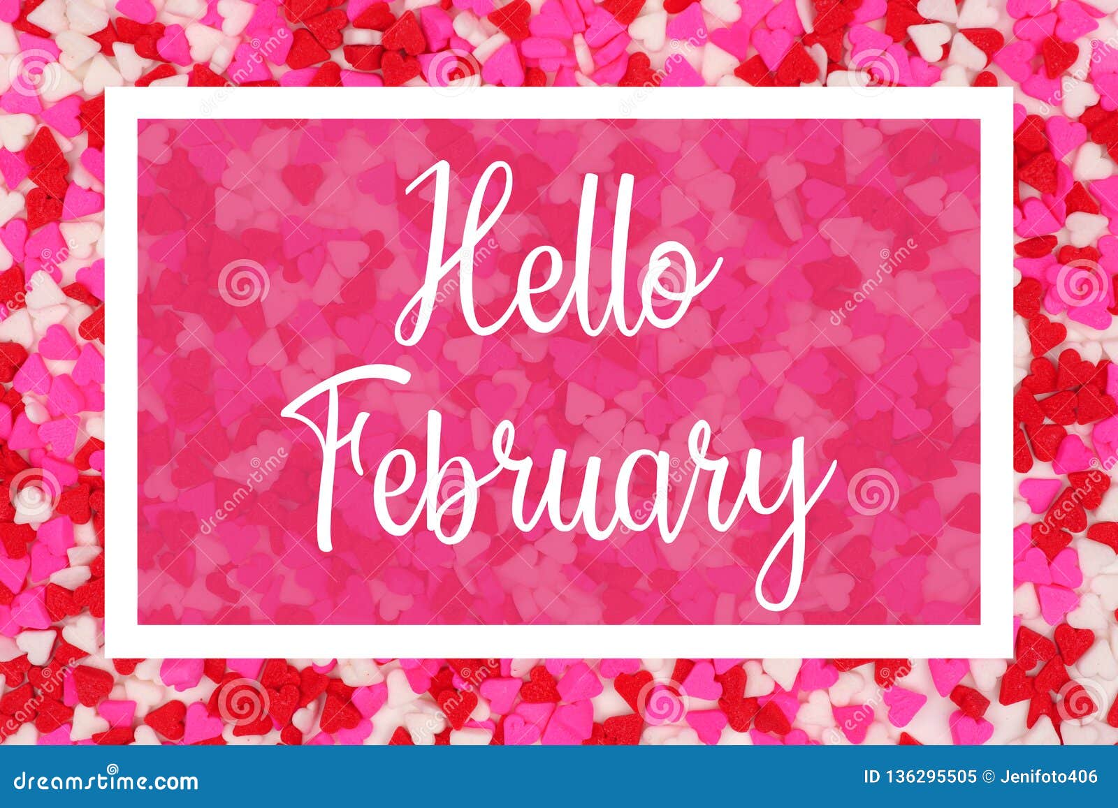 hello february greeting card with white text over a candy heart background