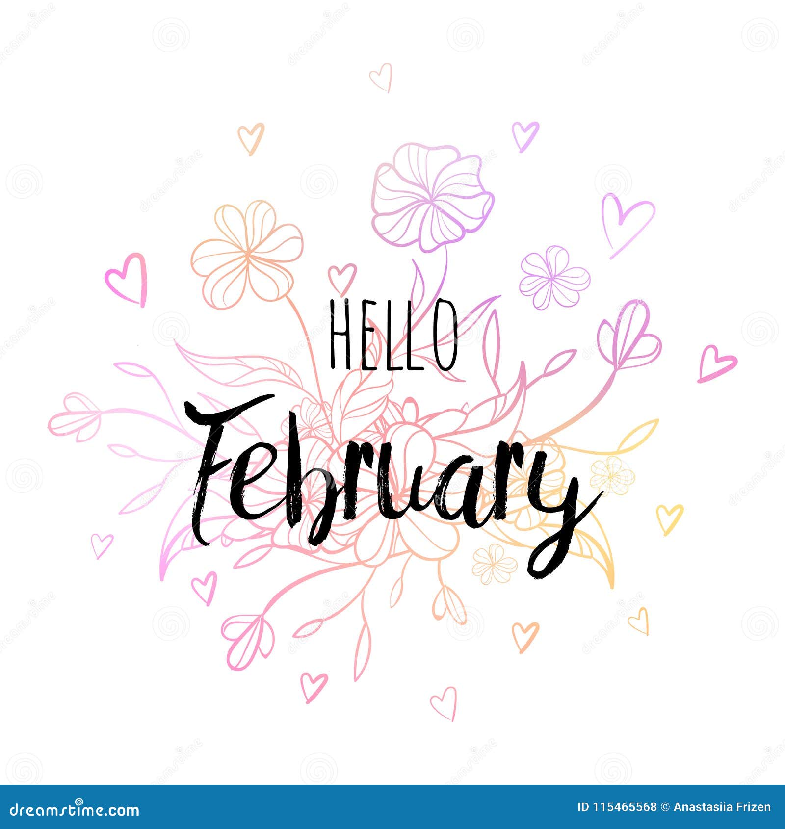hello february poster with flowers and hearts. motivational print for calendar, glider.