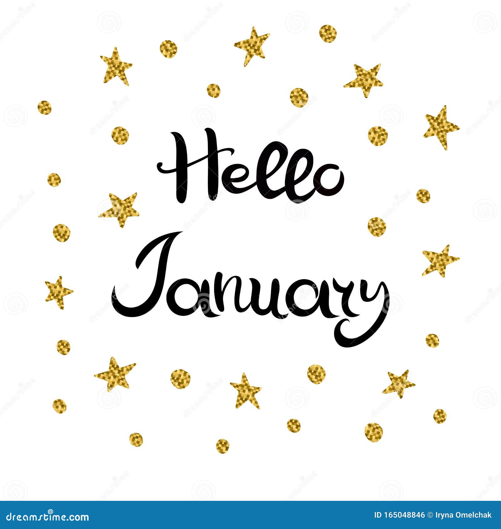 Hello January. Lettering. Black Inscription, Golden Stars and Circles ...