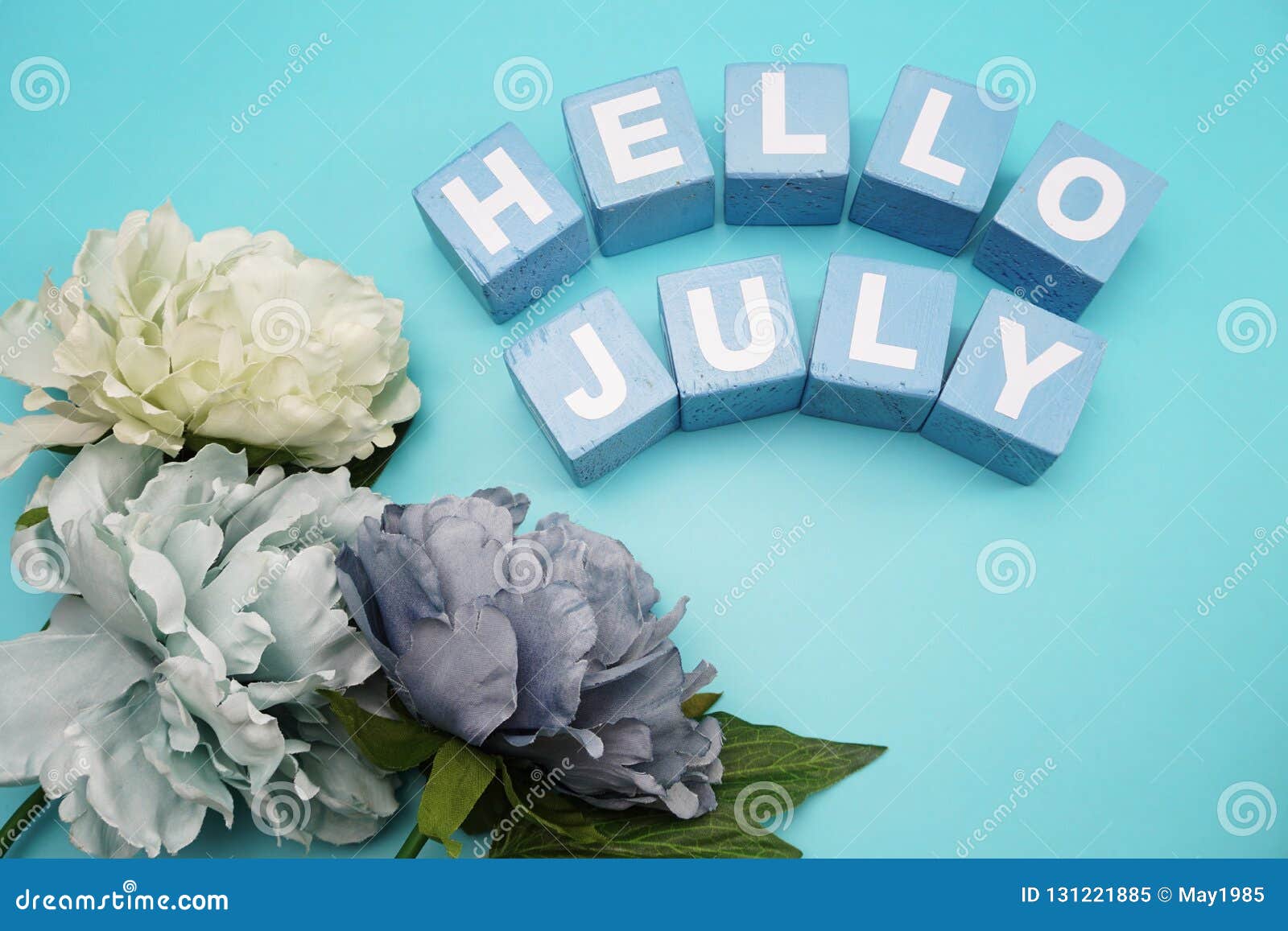 Hello July With Artificial Peony Flower On Blue Background Stock Image Image Of Design Monthly 131221885