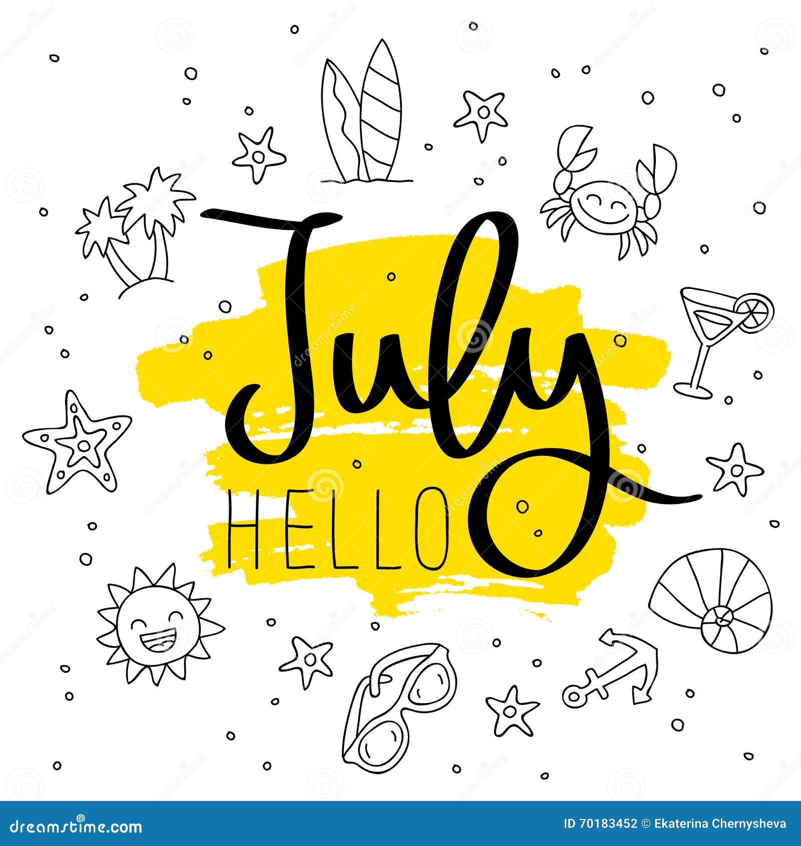 hello july fashionable calligraphy vector illustration white background smear yellow ink beautiful background 70183452