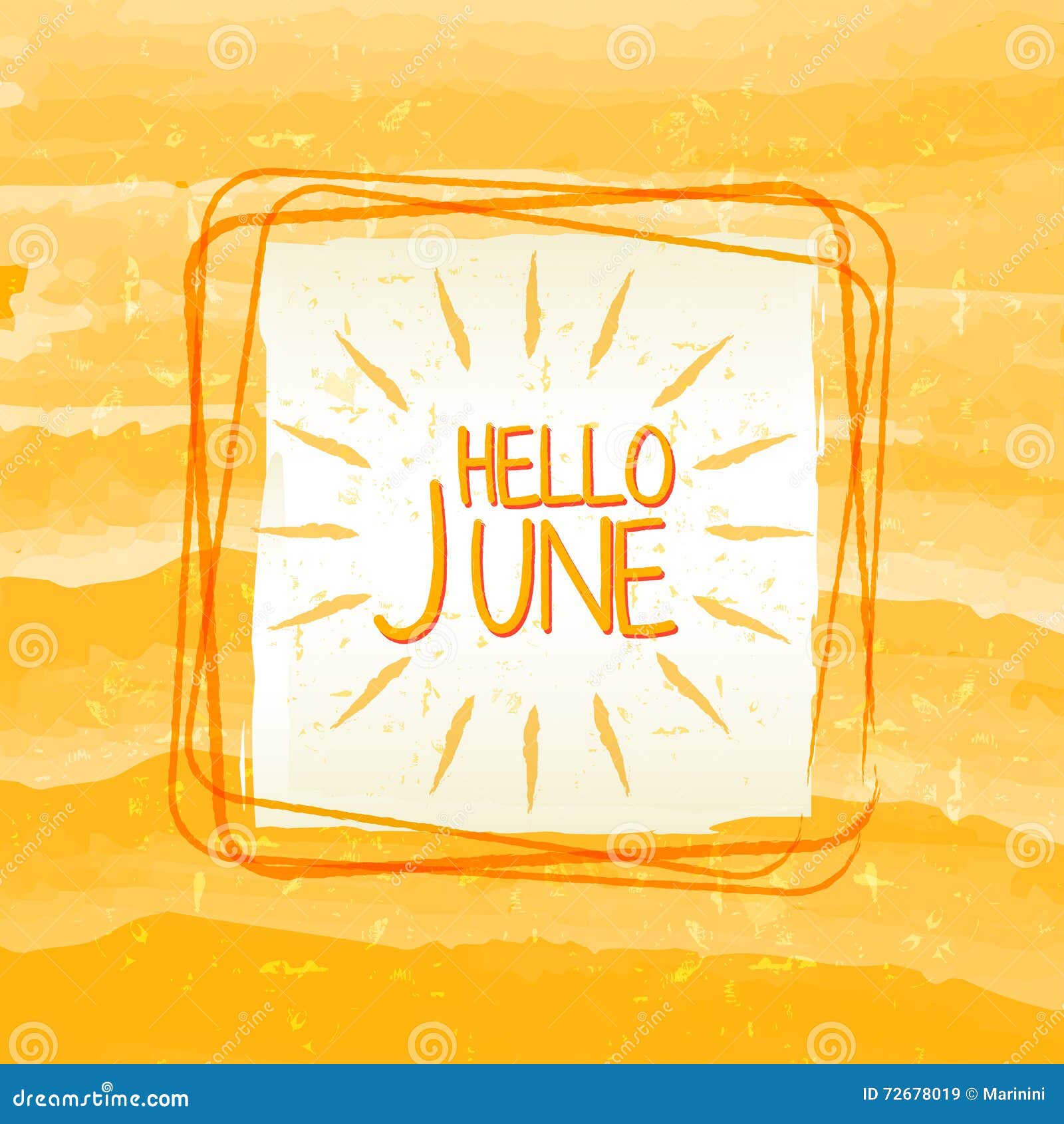 Hello June with Sun Sign in Square Frame, Summer Yellow Drawn La Stock