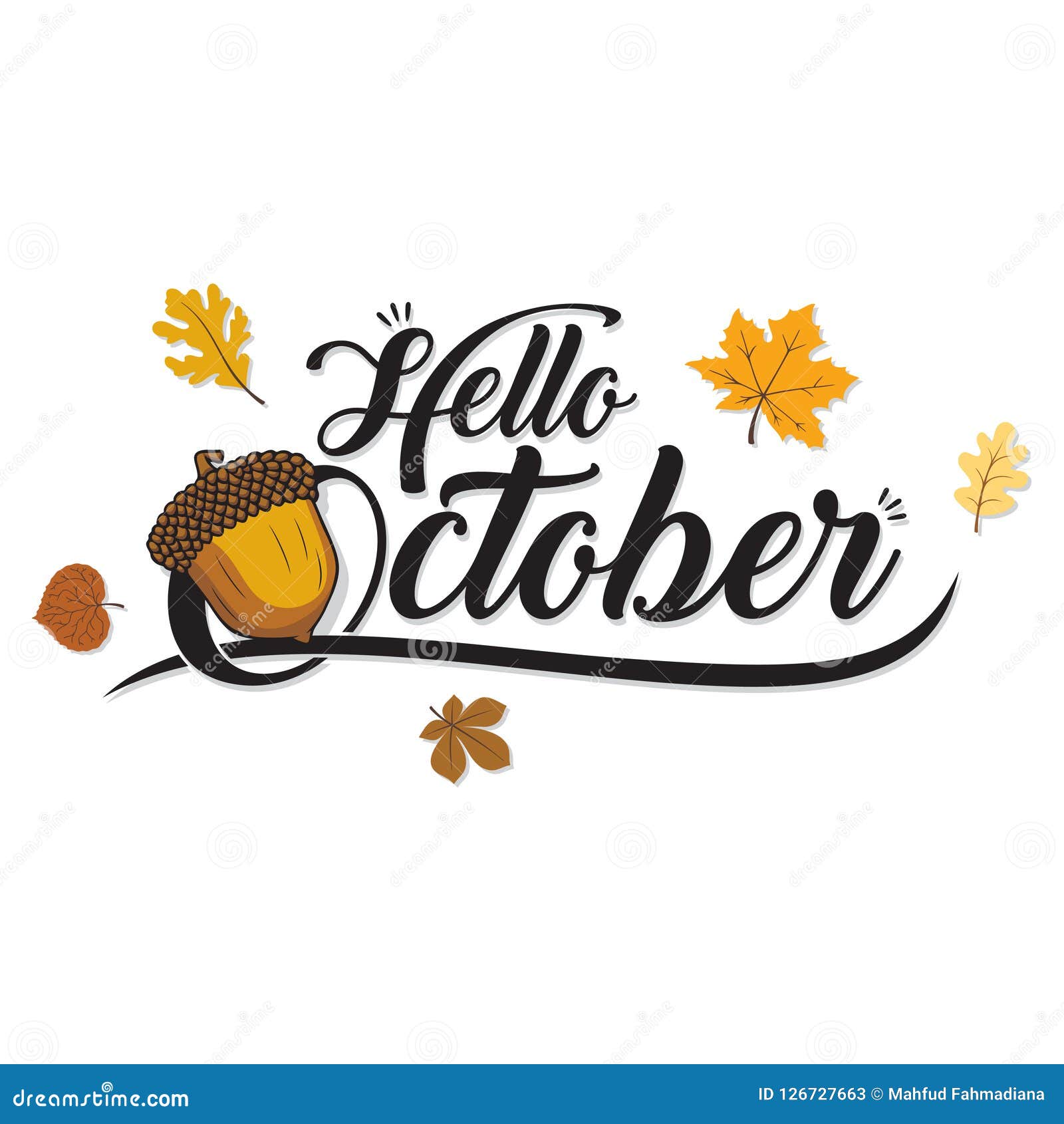 hello october acorn and fall leaves abstract background
