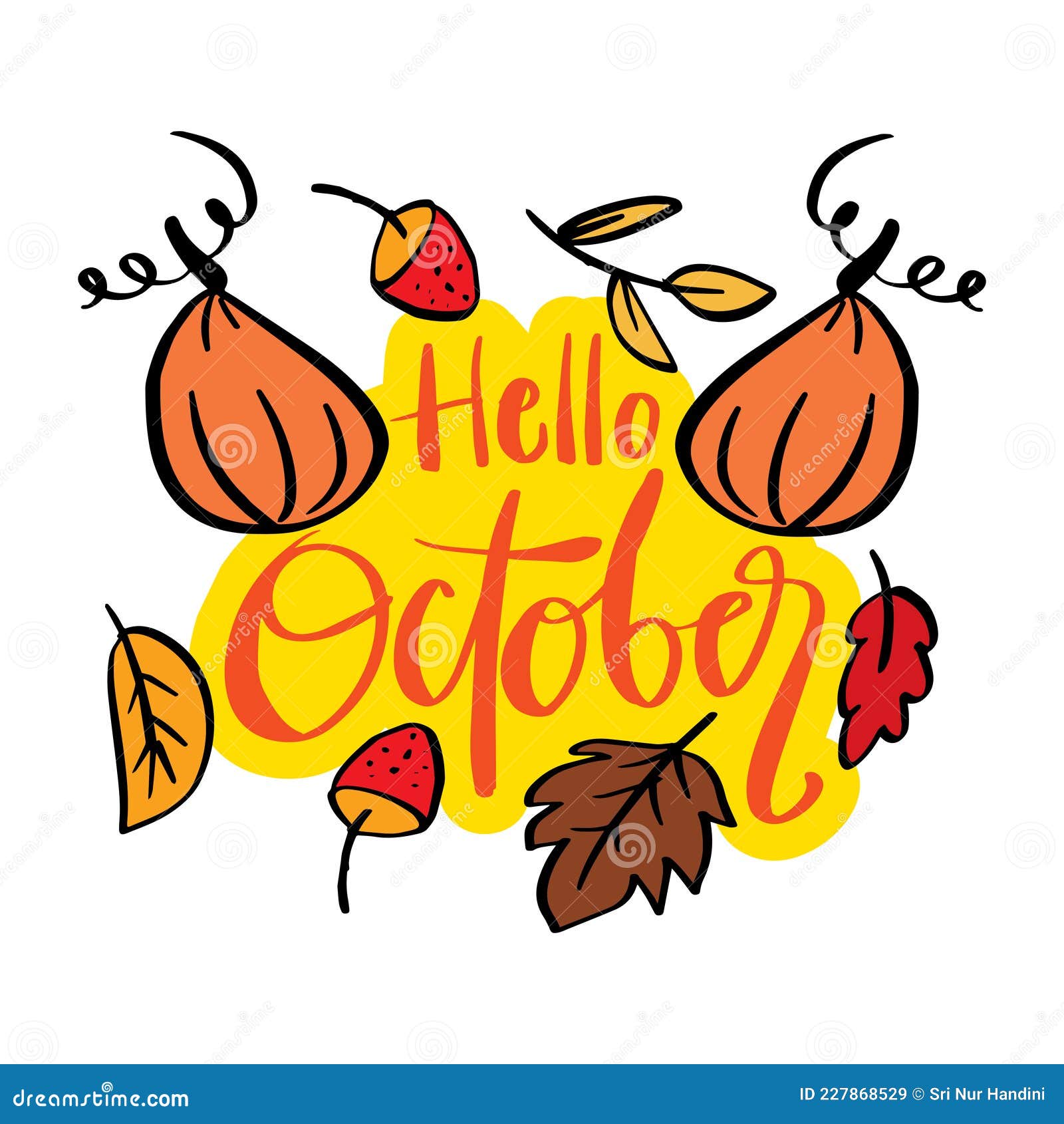 Hello October Hand Lettering with Doodle Pumpkin and Leaves. Stock ...