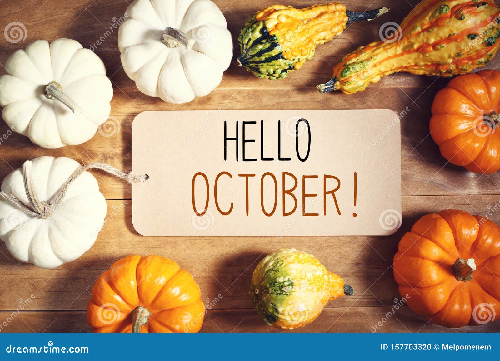 hello october message with collection of pumpkins