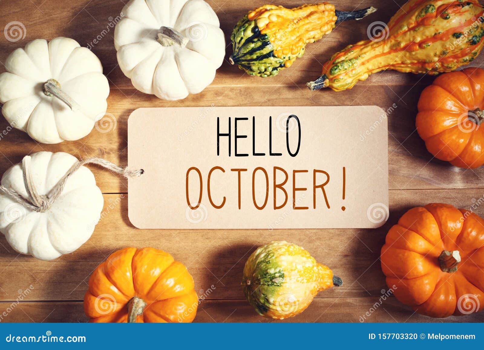 Hello October Message with Collection of Pumpkins Stock Photo Image