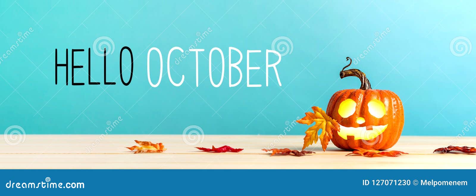 Hello October Message with Pumpkin on a Table Stock Photo Image of