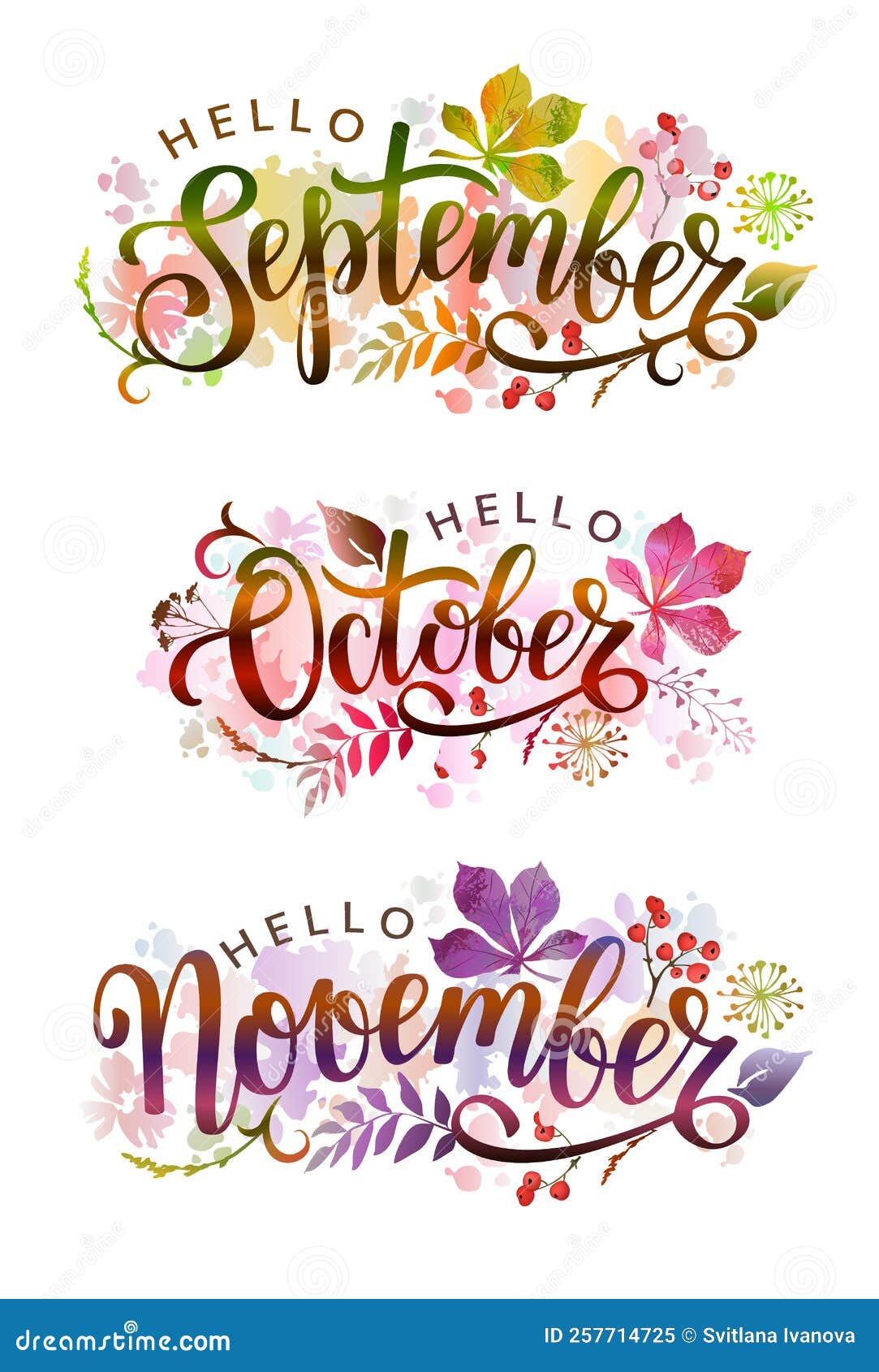 Hello September October November Handwritten Lettering With Autumn