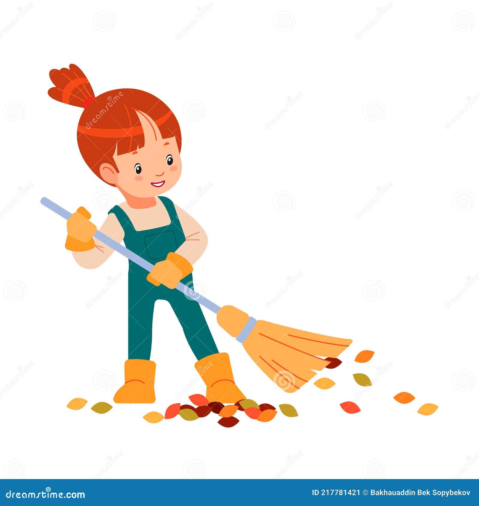 Hello Spring or Autumn. Little Kid Gardener Raking Leaves. Child is ...