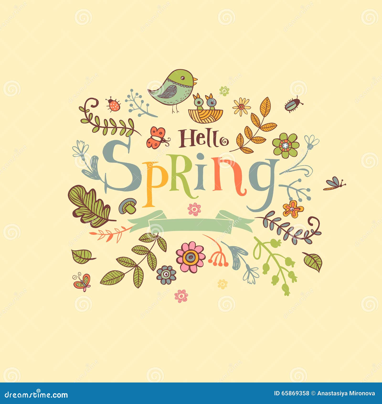 hello spring banner in doodle style