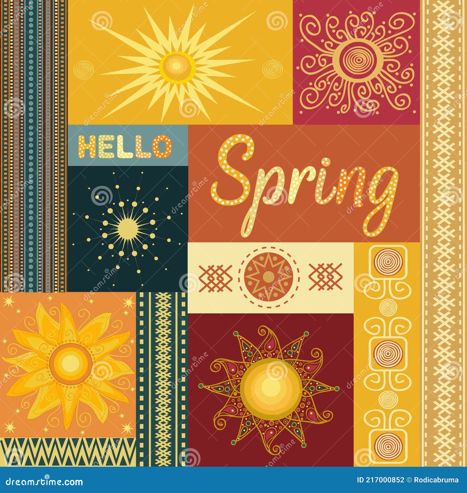 HELLO Spring. Collage Pattern with Stylized Sun Stock Vector