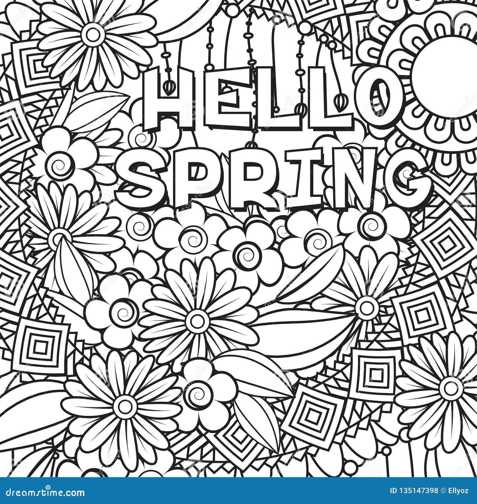 Hello spring coloring page stock vector. Illustration of blooming ...
