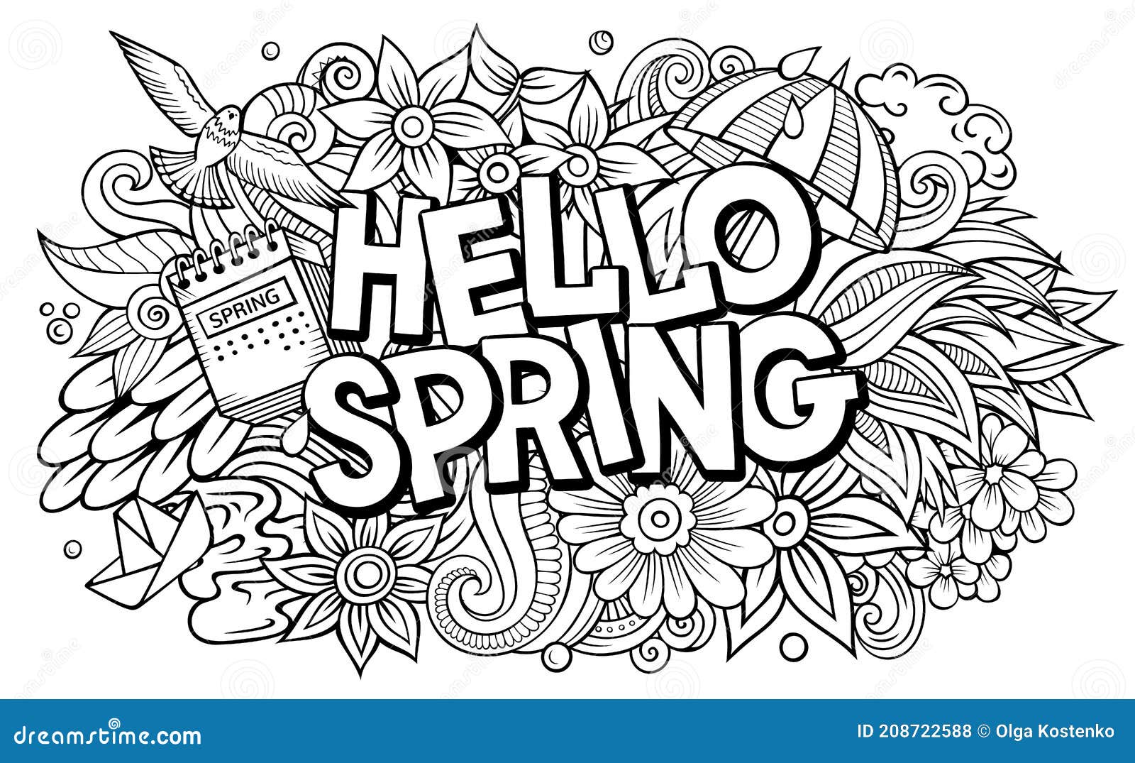 Hello Spring Hand Drawn Cartoon Doodles Illustration. Funny Seasonal ...