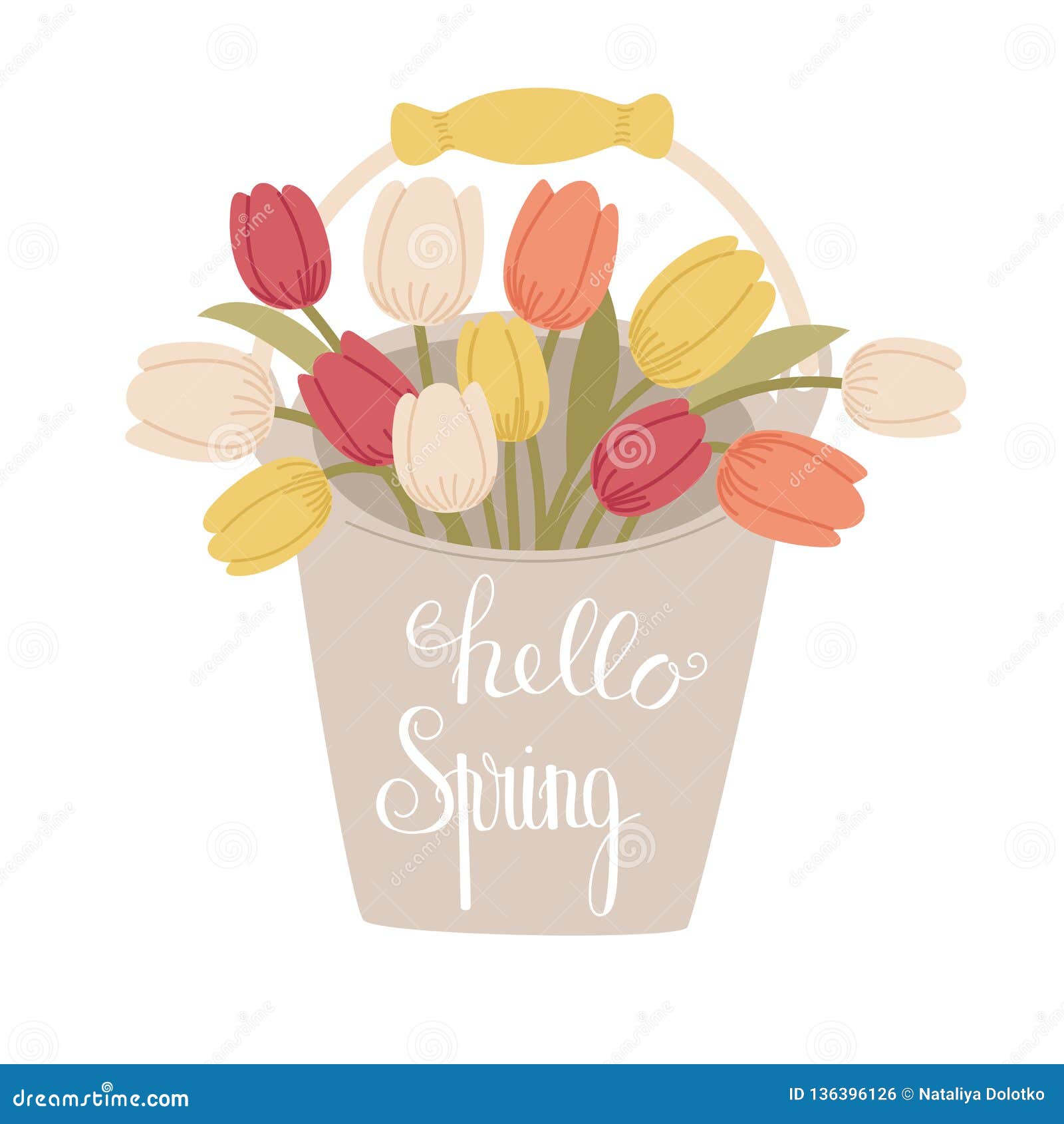hello spring handlettering on the bucket of tulips