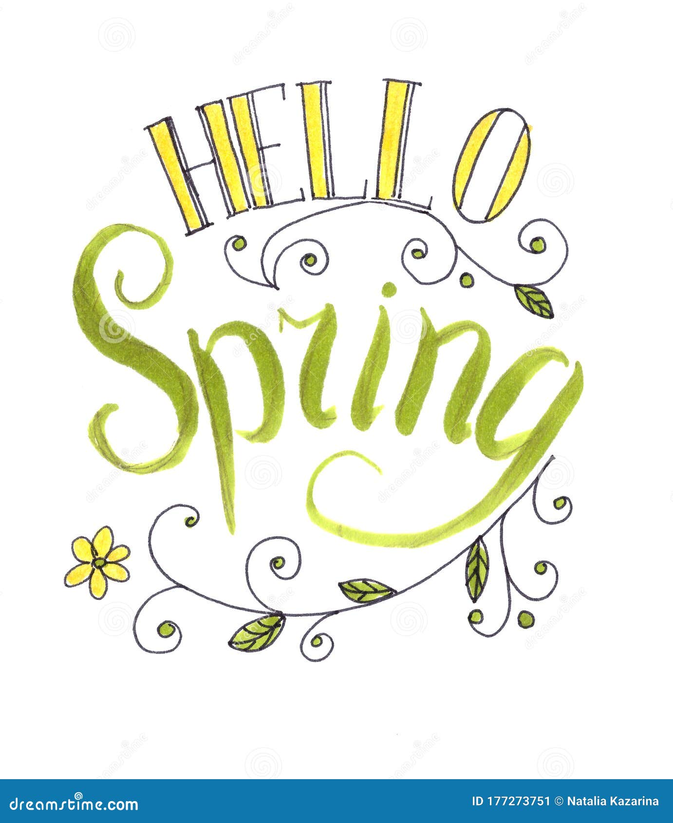 Hello Spring. Handwritten Lettering on White Background Isolated Stock ...