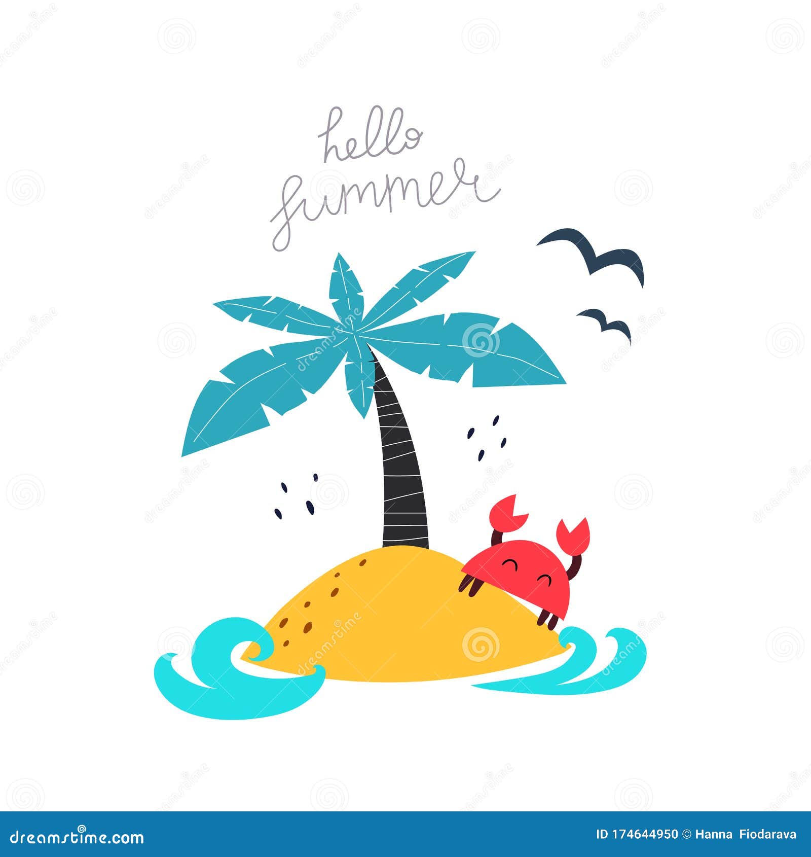 Hello Summer. Cartoon Island, Palm, Crab, Hand Drawing Lettering, Decor  Elements Stock Vector - Illustration of animal, postcard: 174644950