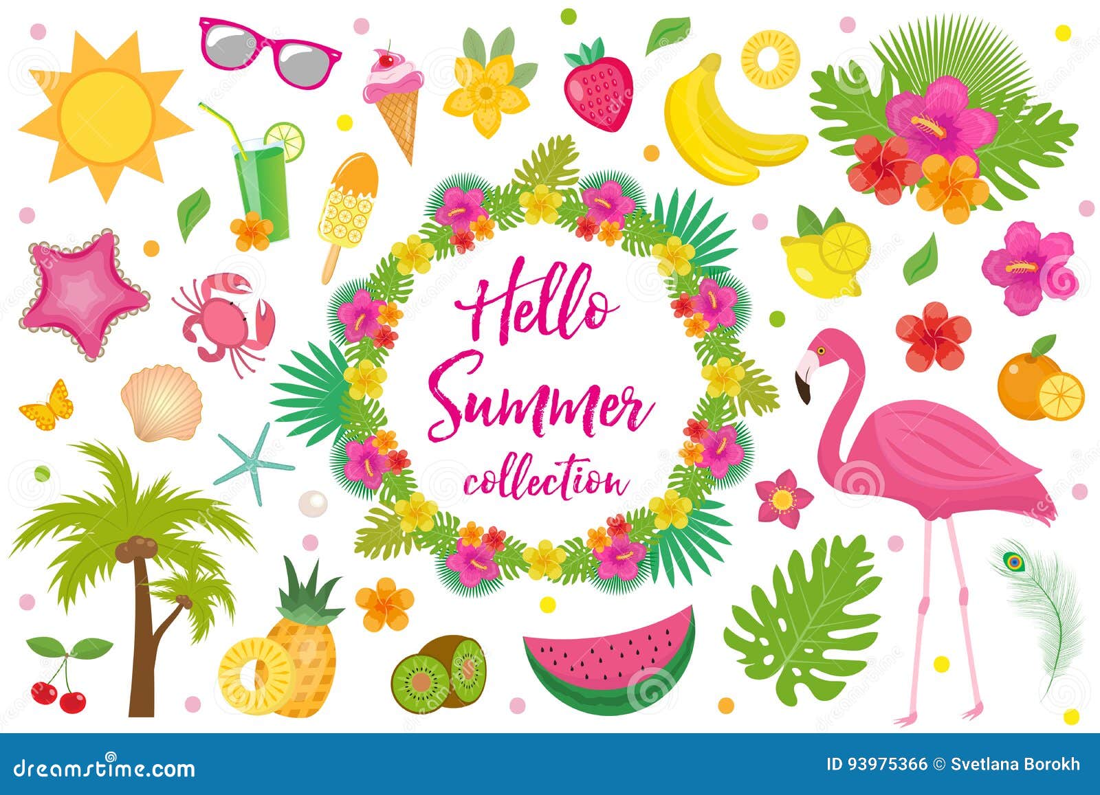 hello summer collection of  s,flat style. tropical set with exotic flowers, flamingos, fruits. beach