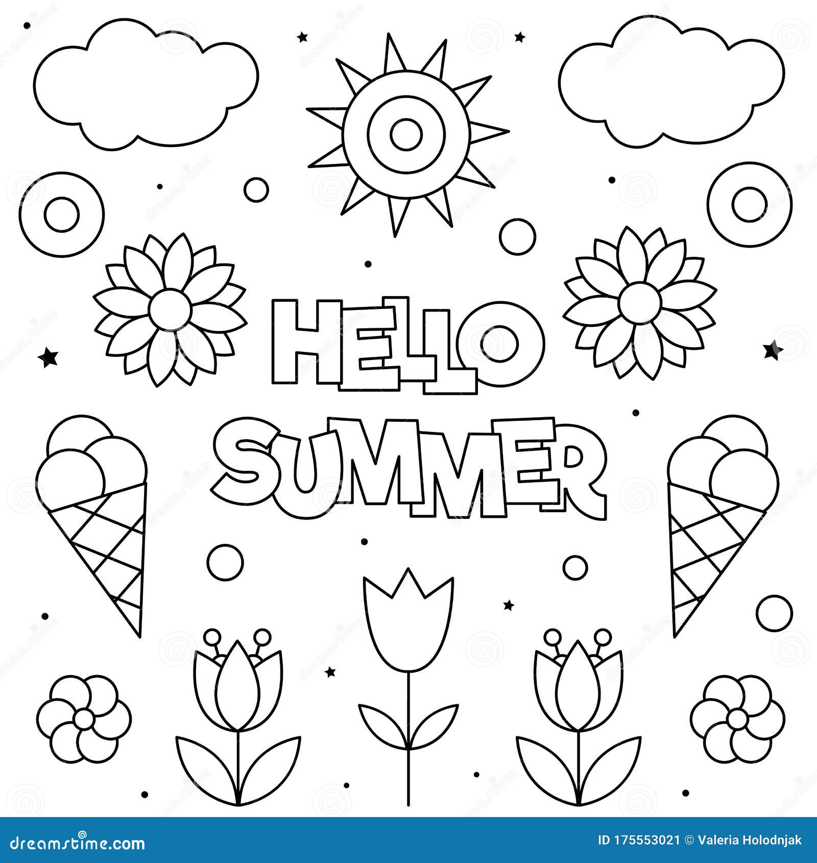 Hello Summer. Coloring Page. Black and White Vector Illustration. Stock