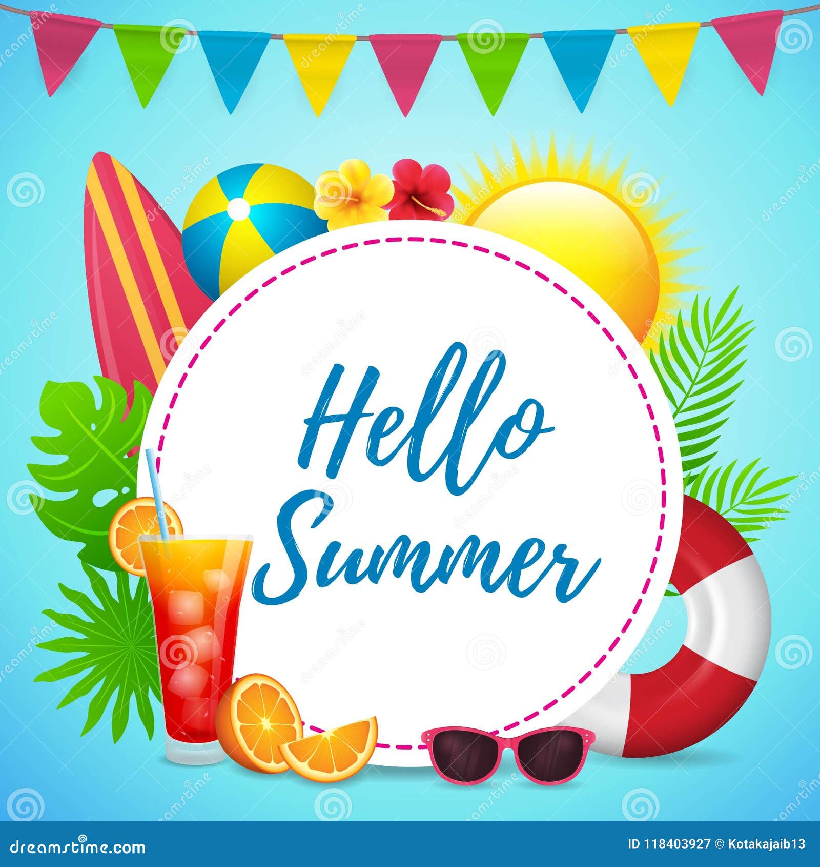 hello summer poster design with circle text space stock illustration