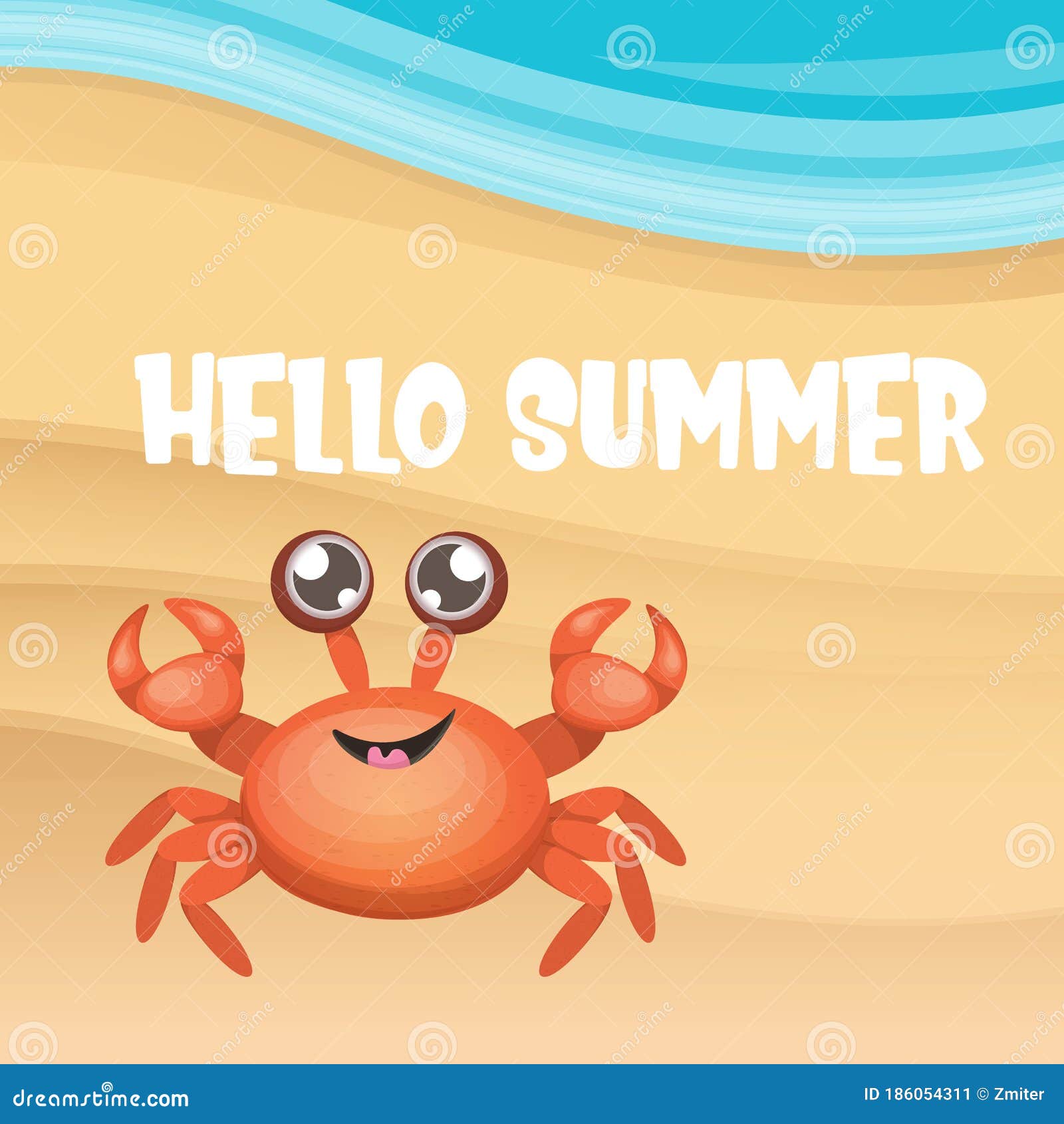 hello summer poster  template with beach and funky red crab character. summer beach party  template