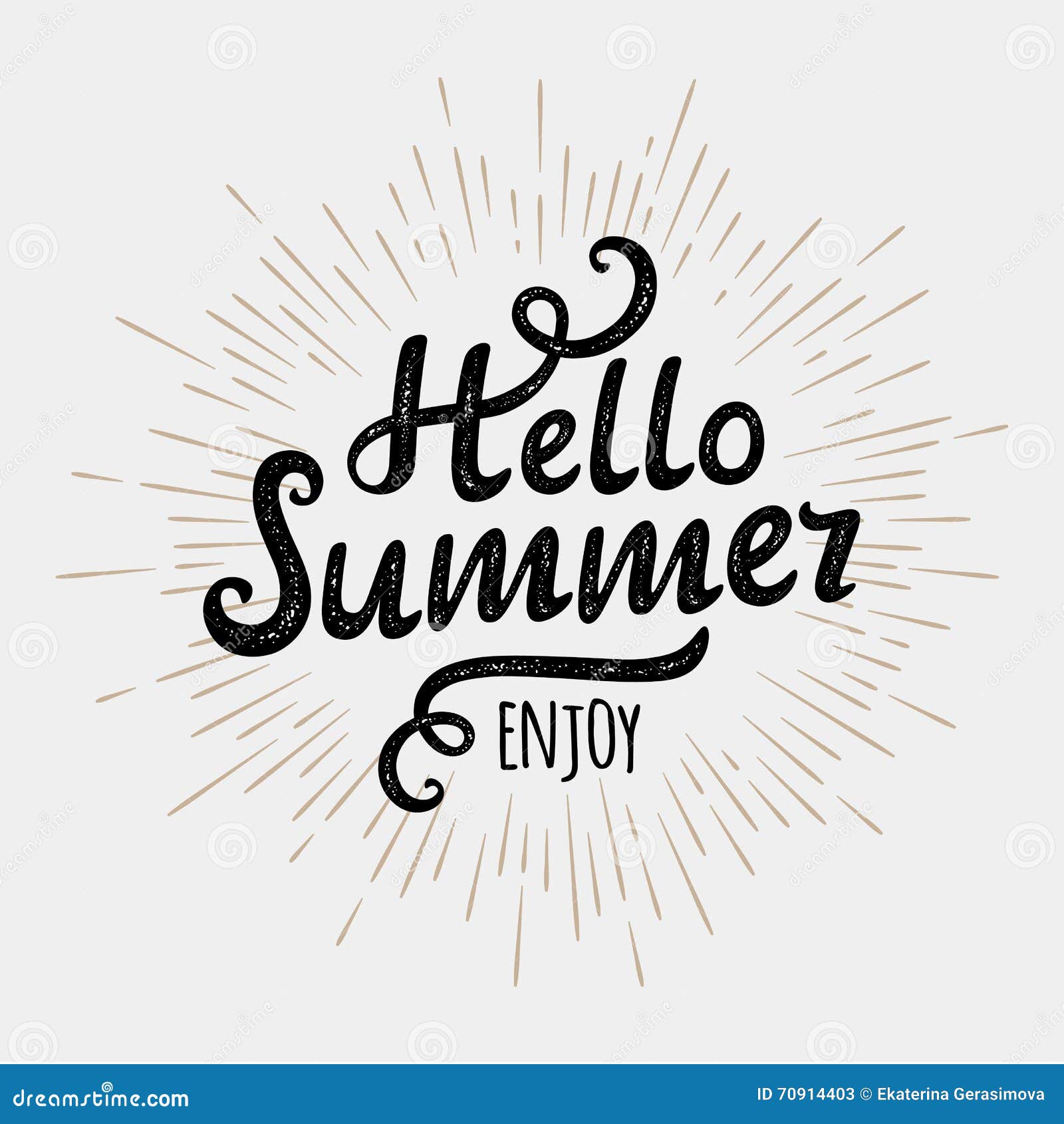 hello summer, typographic inscription on vintage monochrome sun background.  