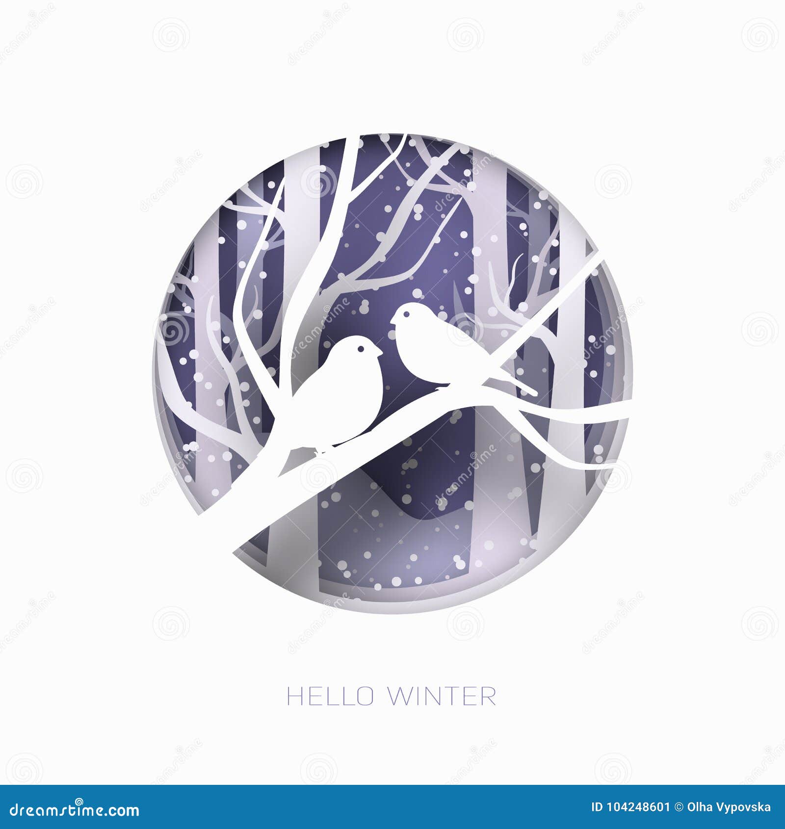 hello winter 3d abstract paper cut  of snow and two birds in the forest.  template