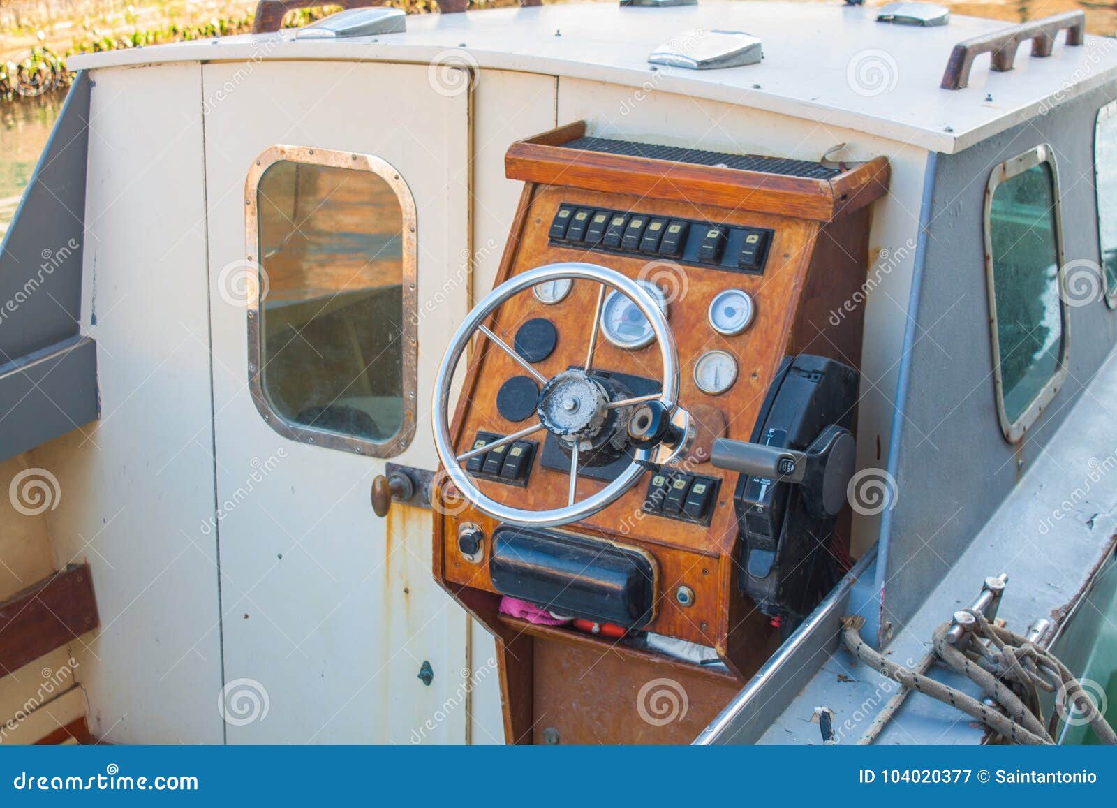 Helm of a Boat, Vintage Wooden Navigation Panel with Steering Wheel