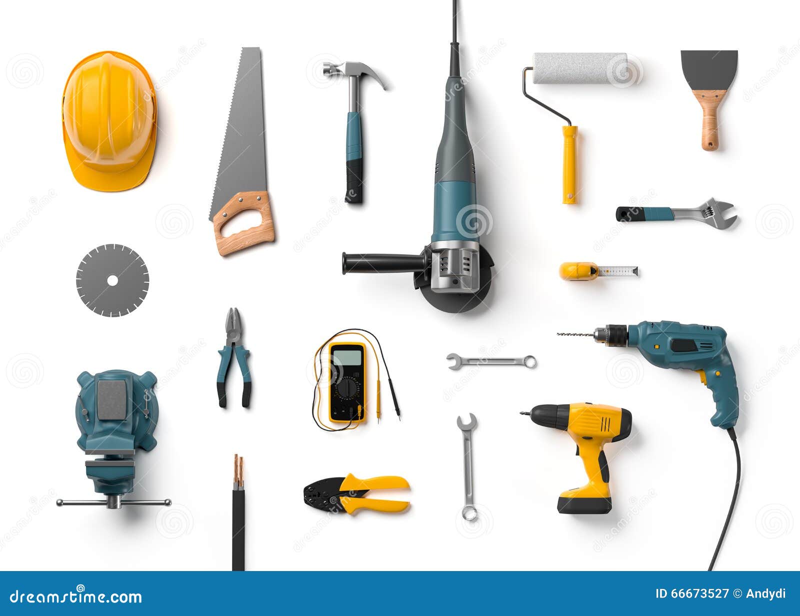 helmet, drill, angle grinder and other construction tools