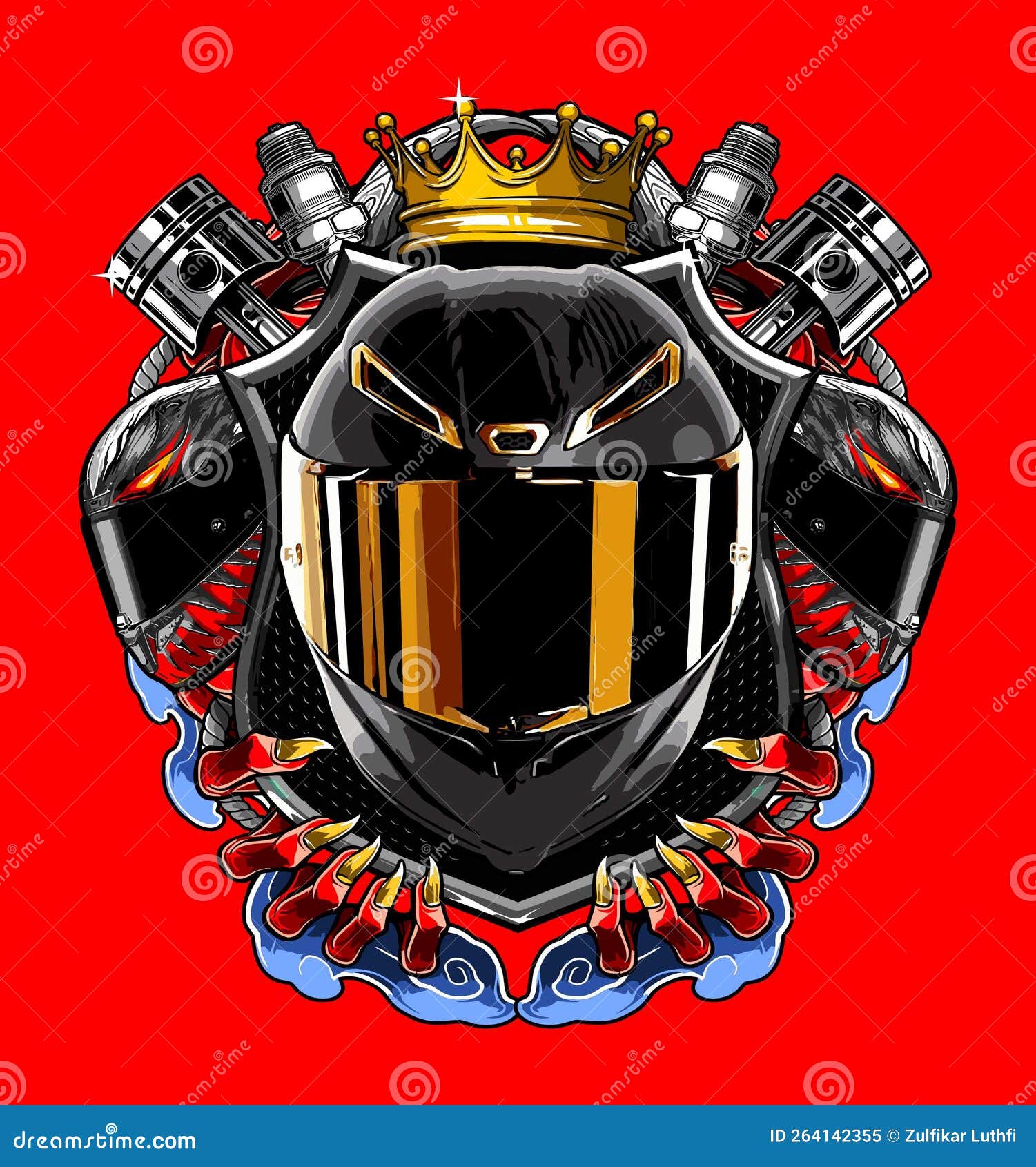 Helmet with Gold Visor Against Shield and Piston Stock Vector