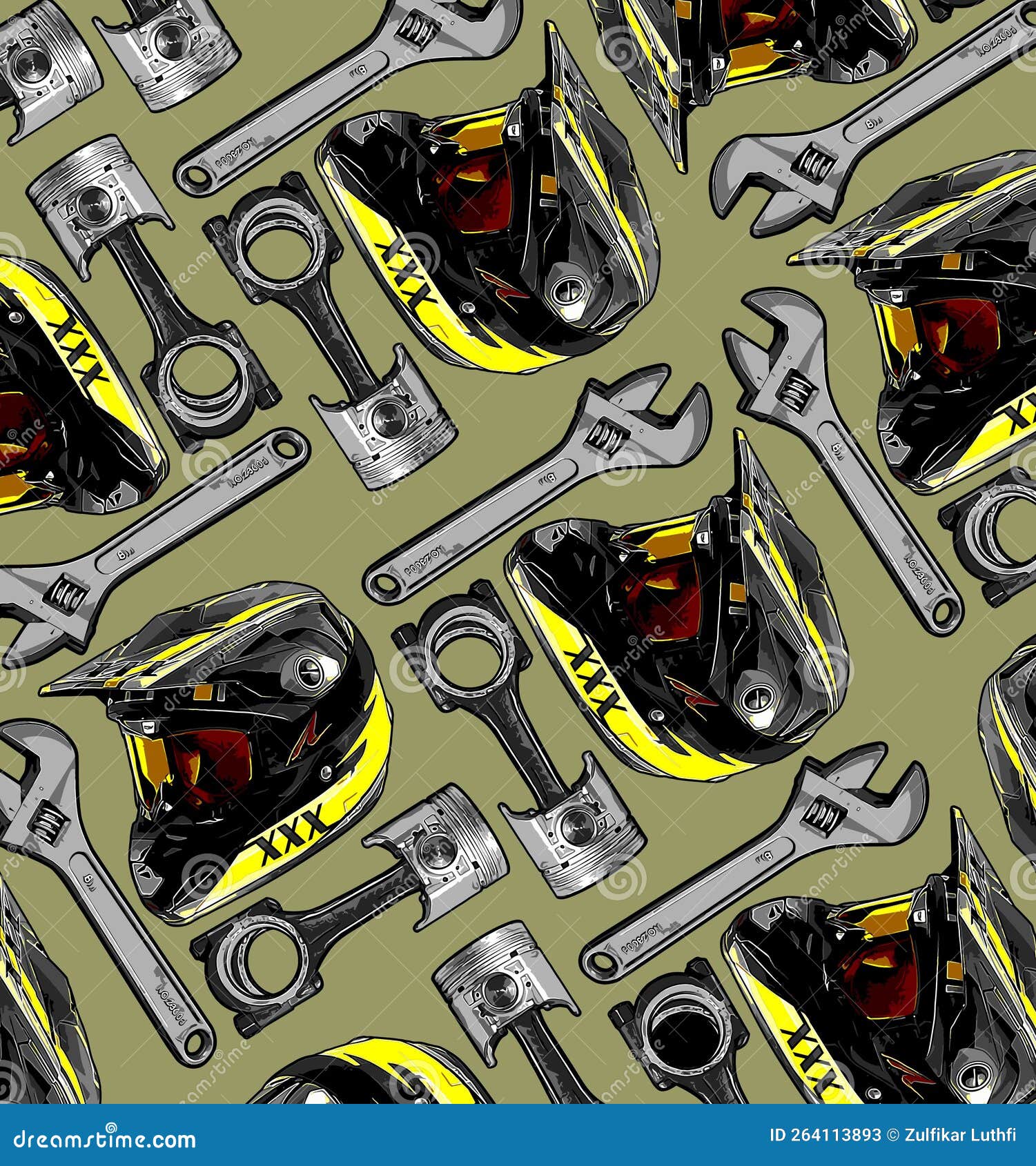 helmet pattern, piston and wrench