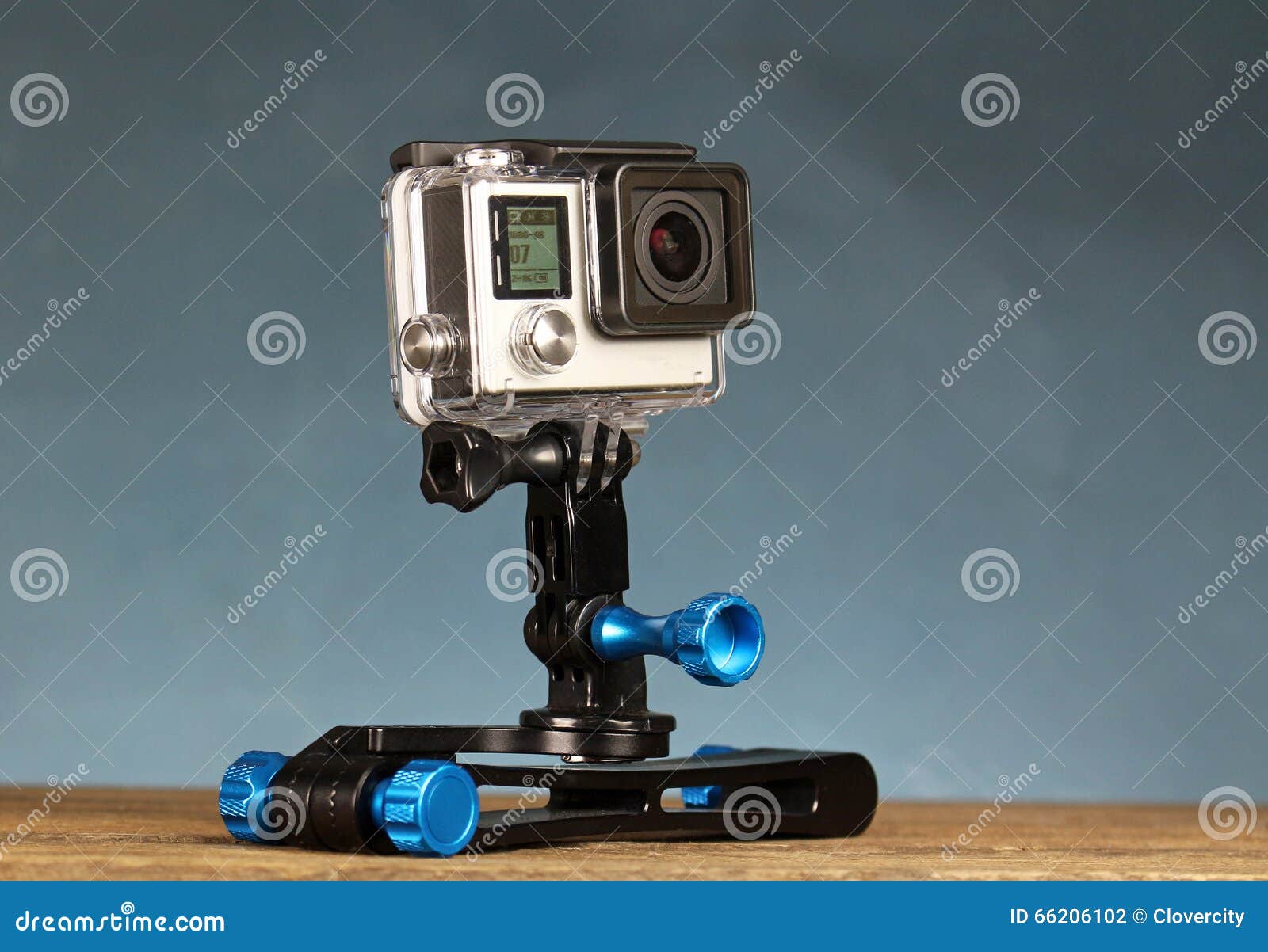 Helmet Portable Action Video Camera on Selfie Stick Stock Photo Image