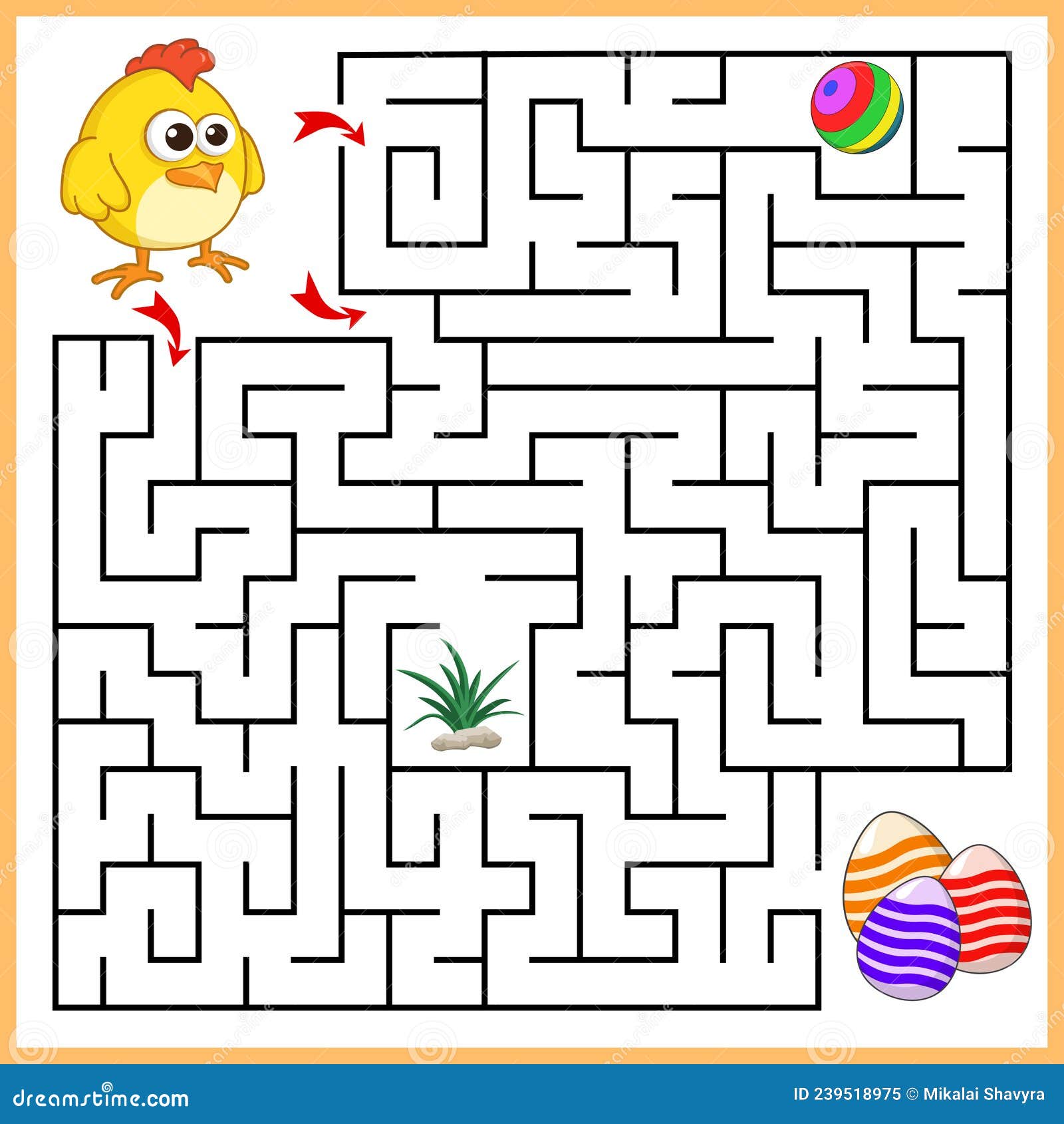 help chicken to find the right path to eggs, ball, grass. 3 entrances, 3 way. square maze game with solution. answer