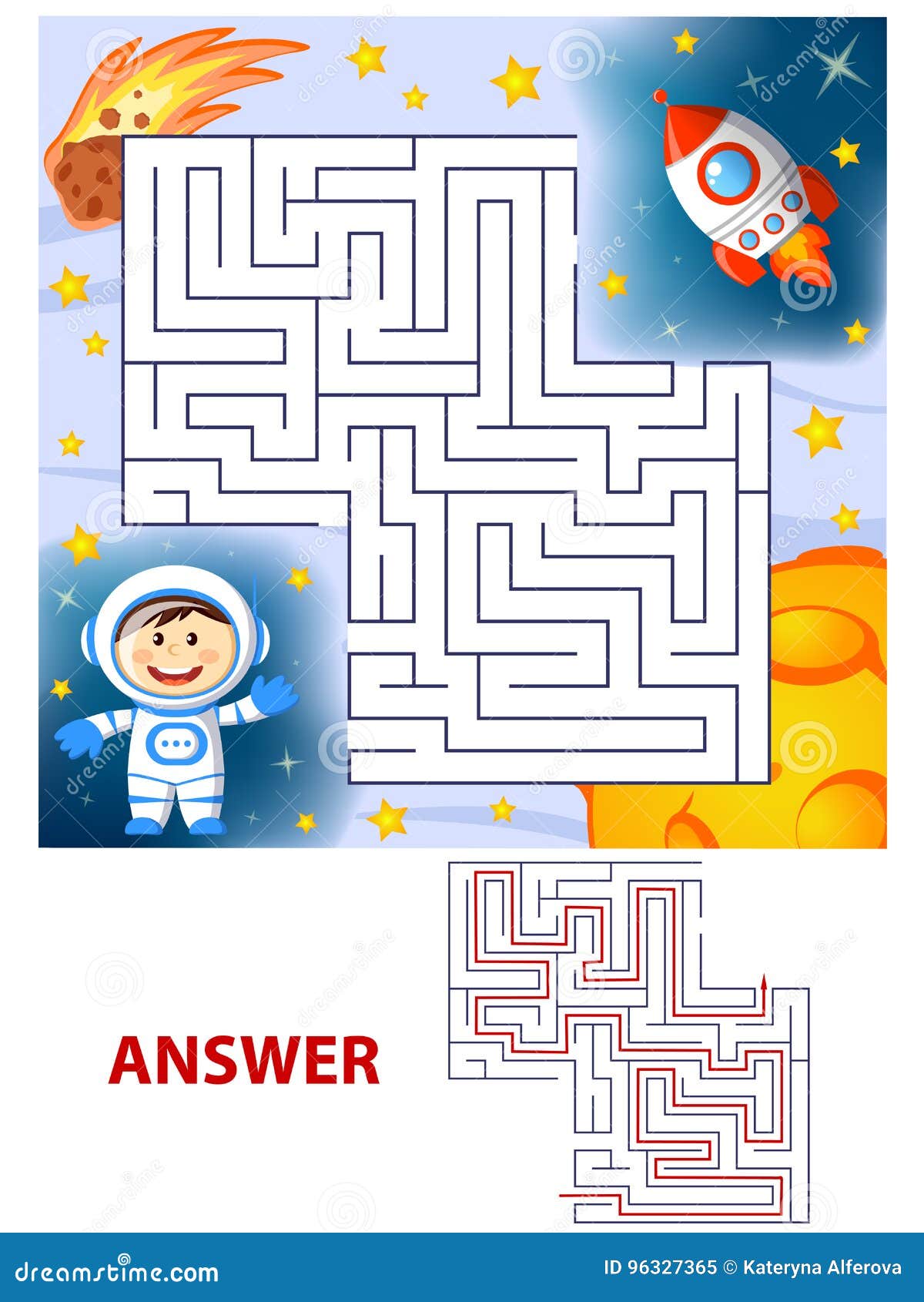 help cosmonaut find path to rocket. labyrinth. maze game for kids