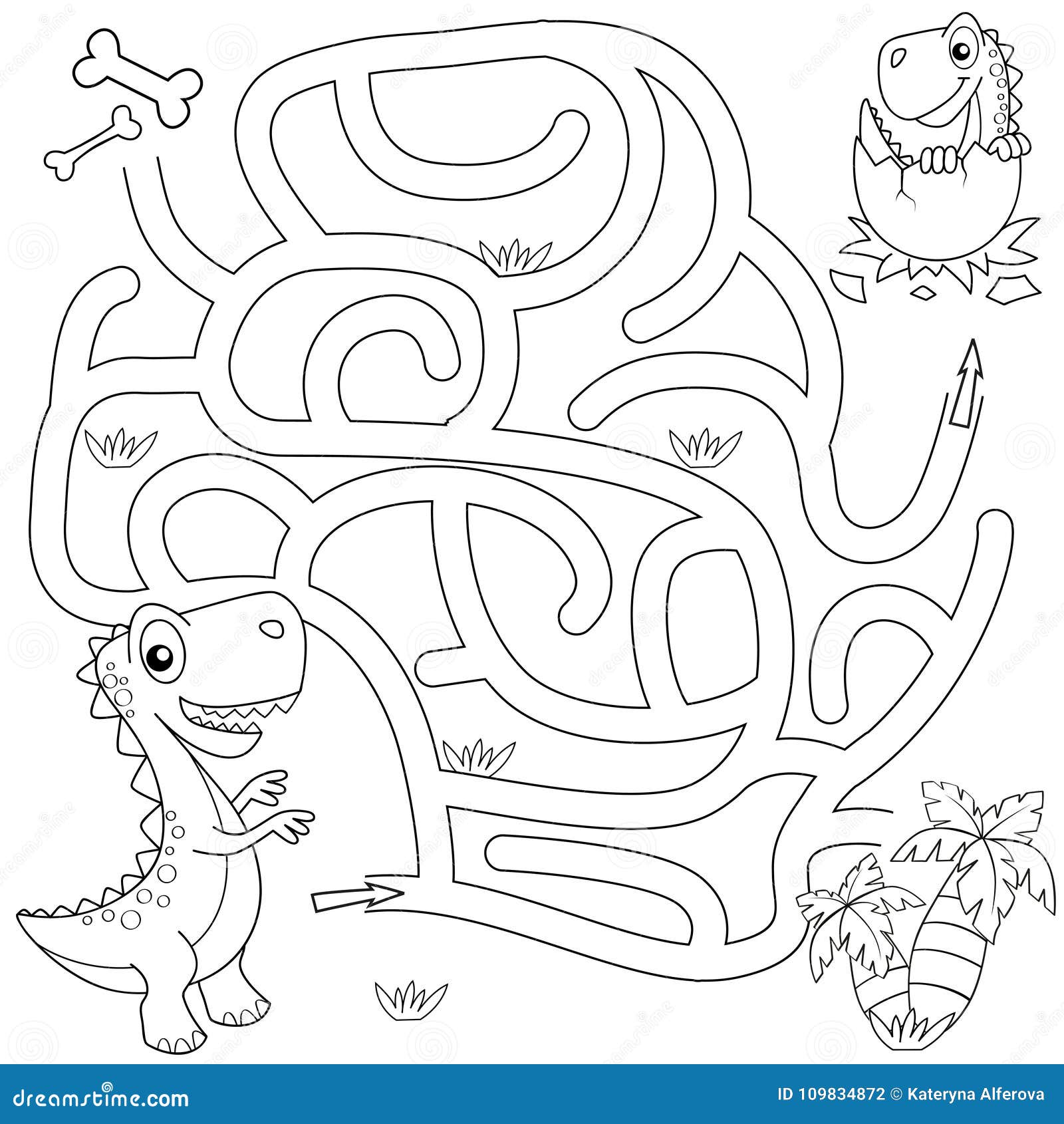 Black and white Pterodactyl dino flying among the clouds to nest with eggs.  Summer scene outline illustration with cute dinosaur. Funny prehistoric  reptiles coloring page for children. Stock Vector