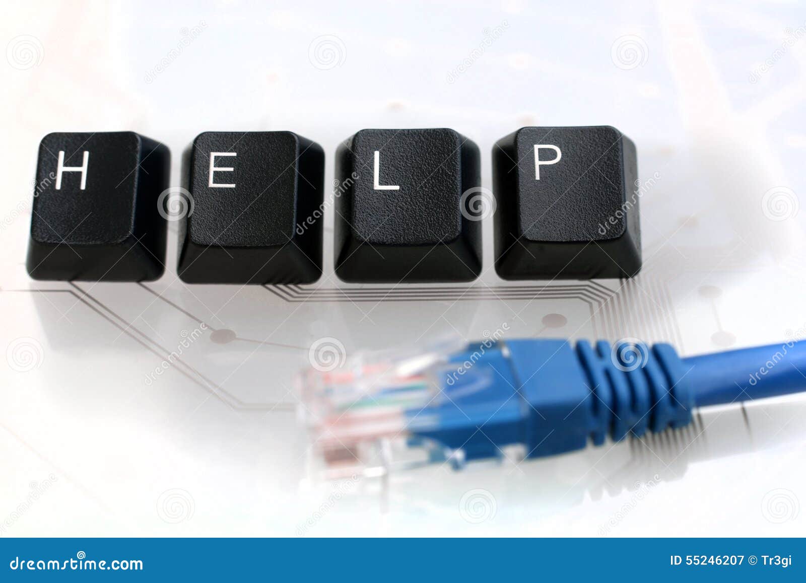 It HELP Four Keyboard Keys with Network Cable on White Glass Stock