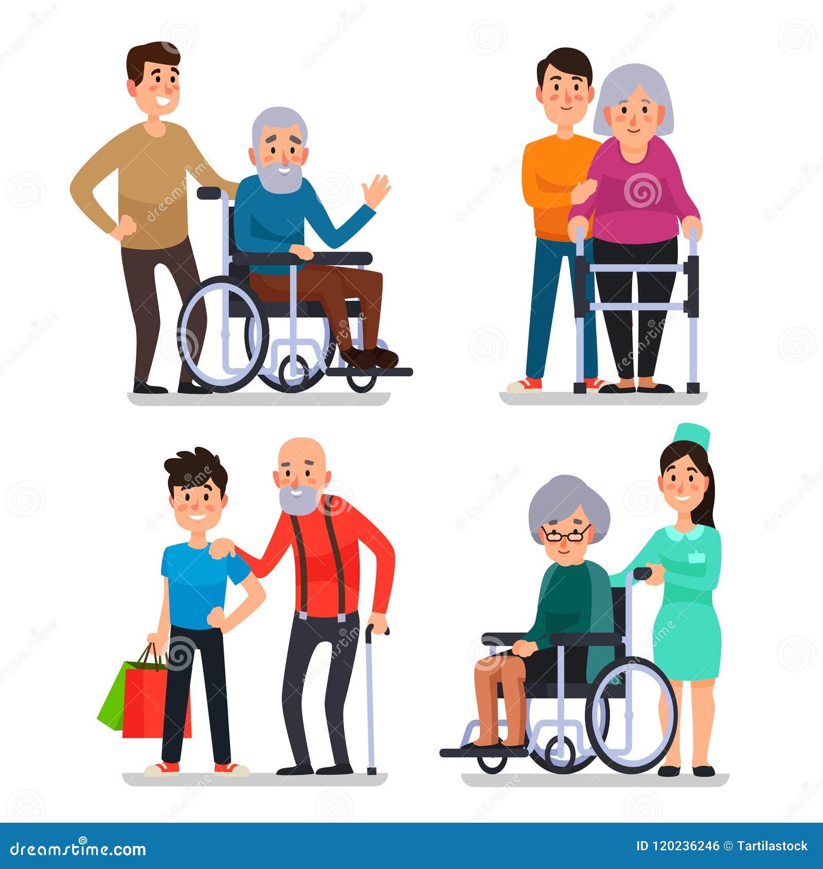 help old disabled people. social worker of volunteer community helps elderly citizens on wheelchair, senior with cane