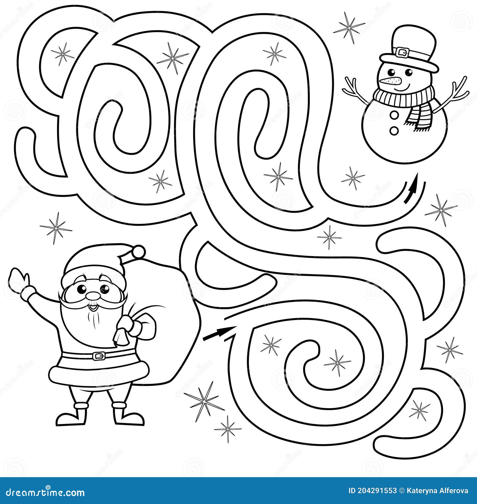 help santa claus find path to snowman. labyrinth. maze game for kids. black and white   for coloring book