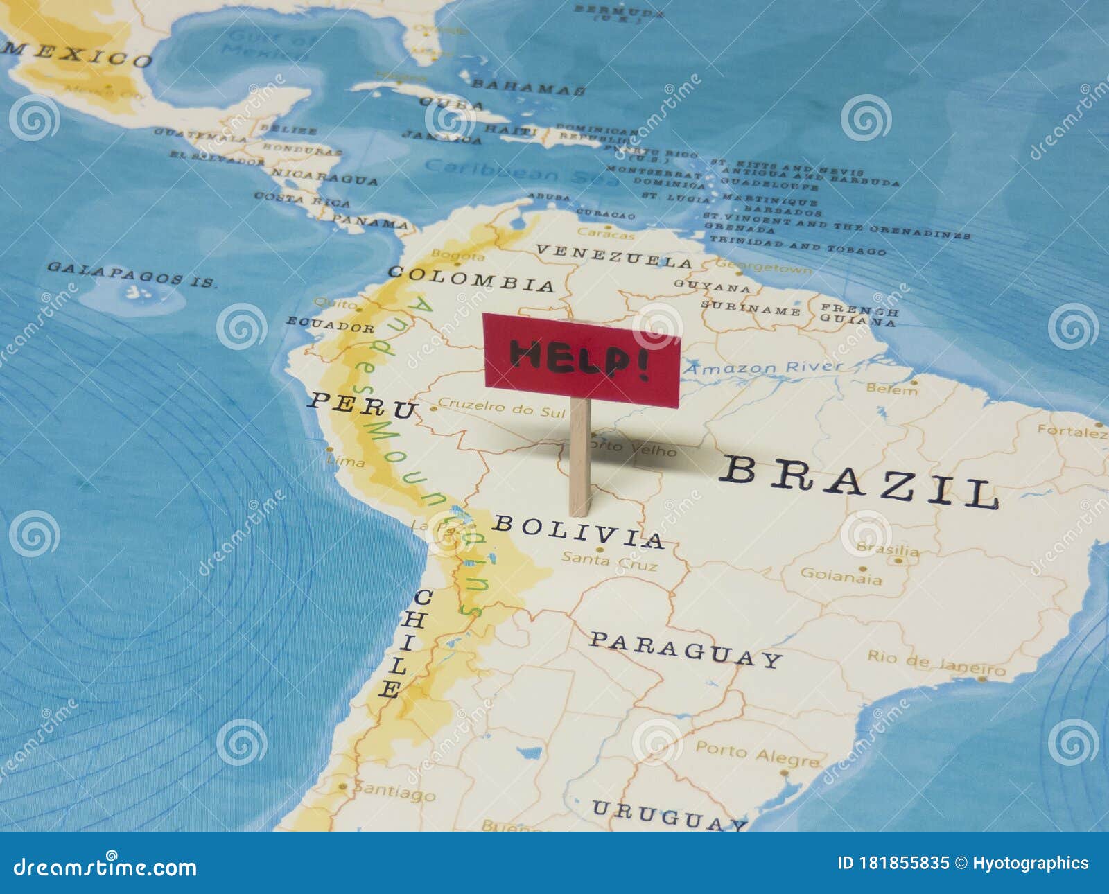 `help` Sign With Pole On Bolivia Of The World Map Stock Image Image