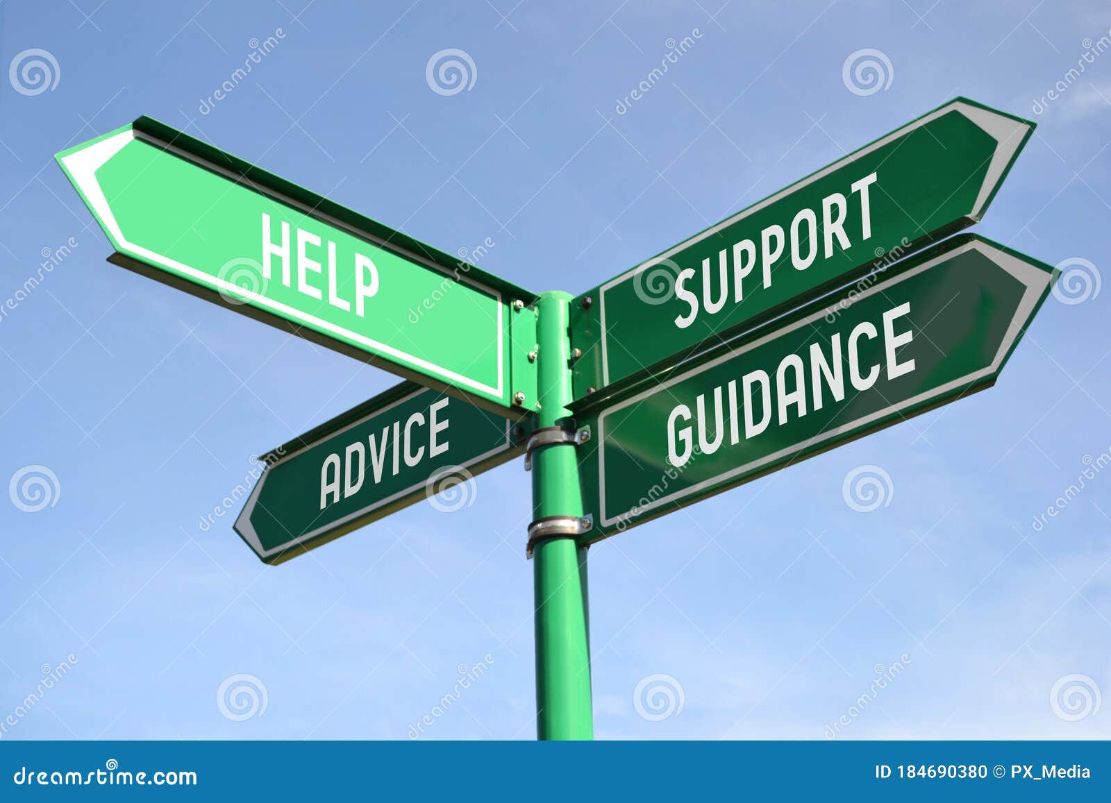 help, support, advice, guidance - green signpost with for arrows