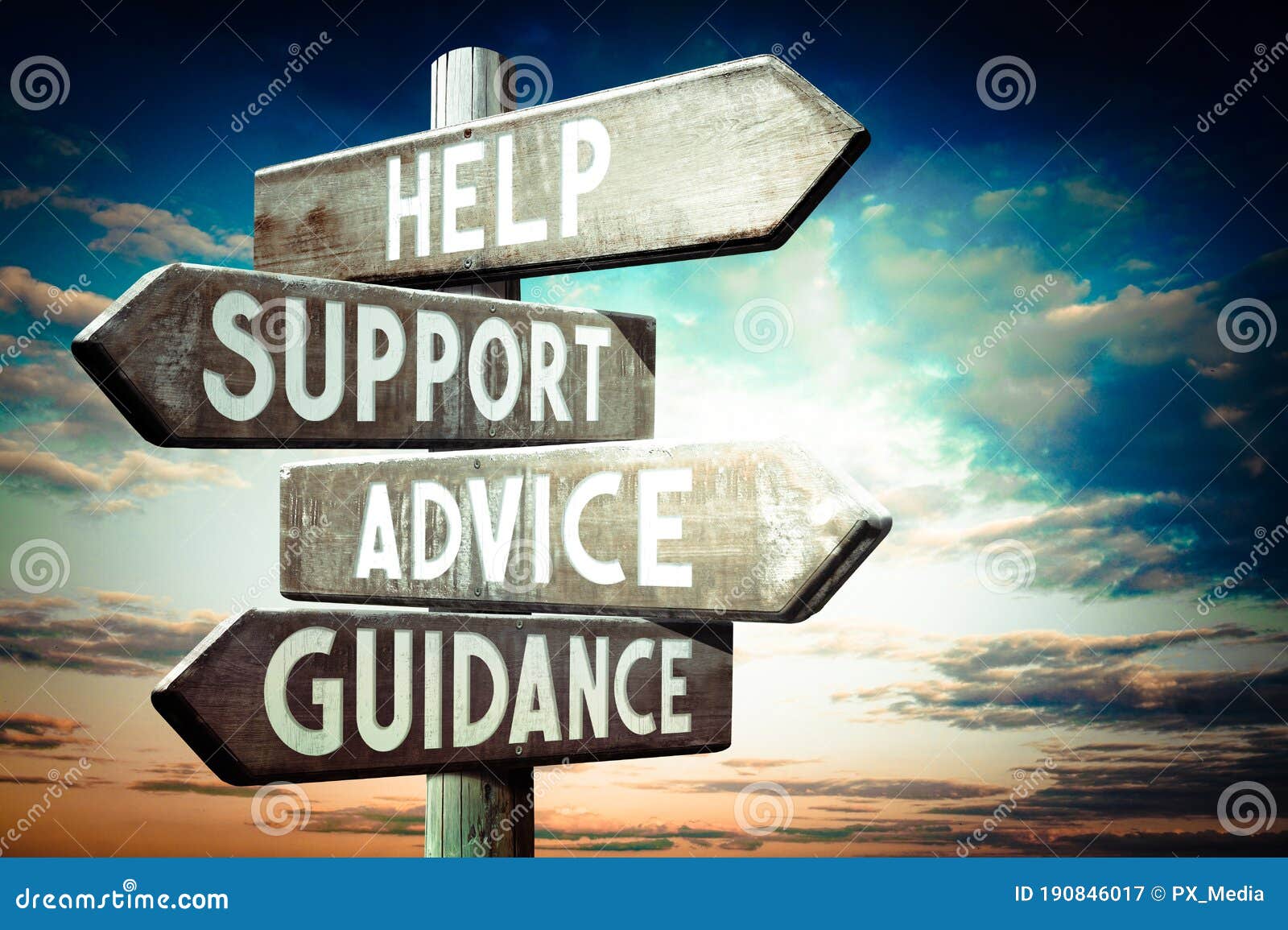 help, support, advice, guidance - wooden signpost, roadsign with four arrows