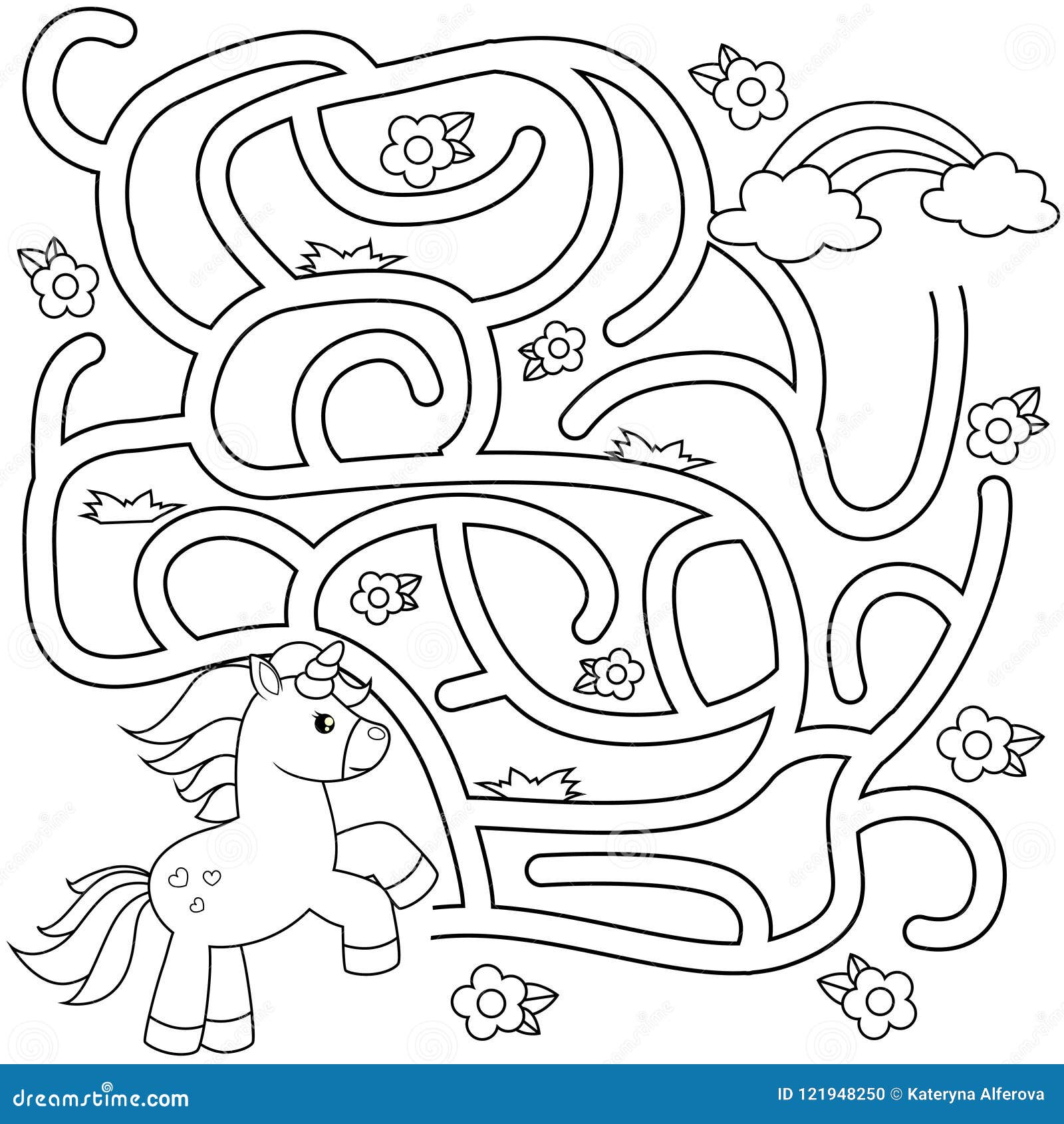 Help Unicorn Find Path To Rainbow. Labyrinth. Maze Game For Kids. Black And White Vector ...