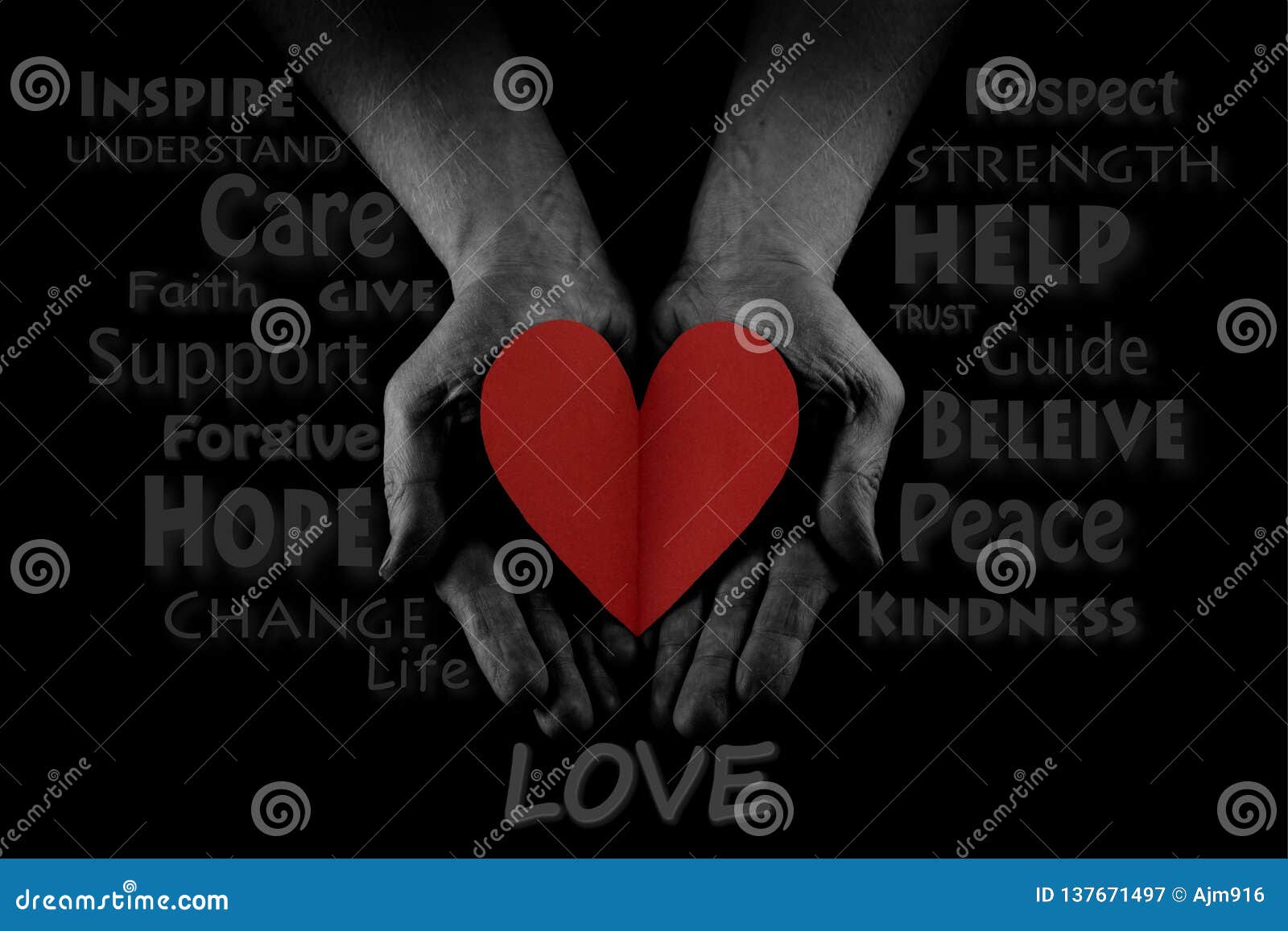 helping hand concept, man`s hands palms up, giving red heart, reaching out. word cloud
