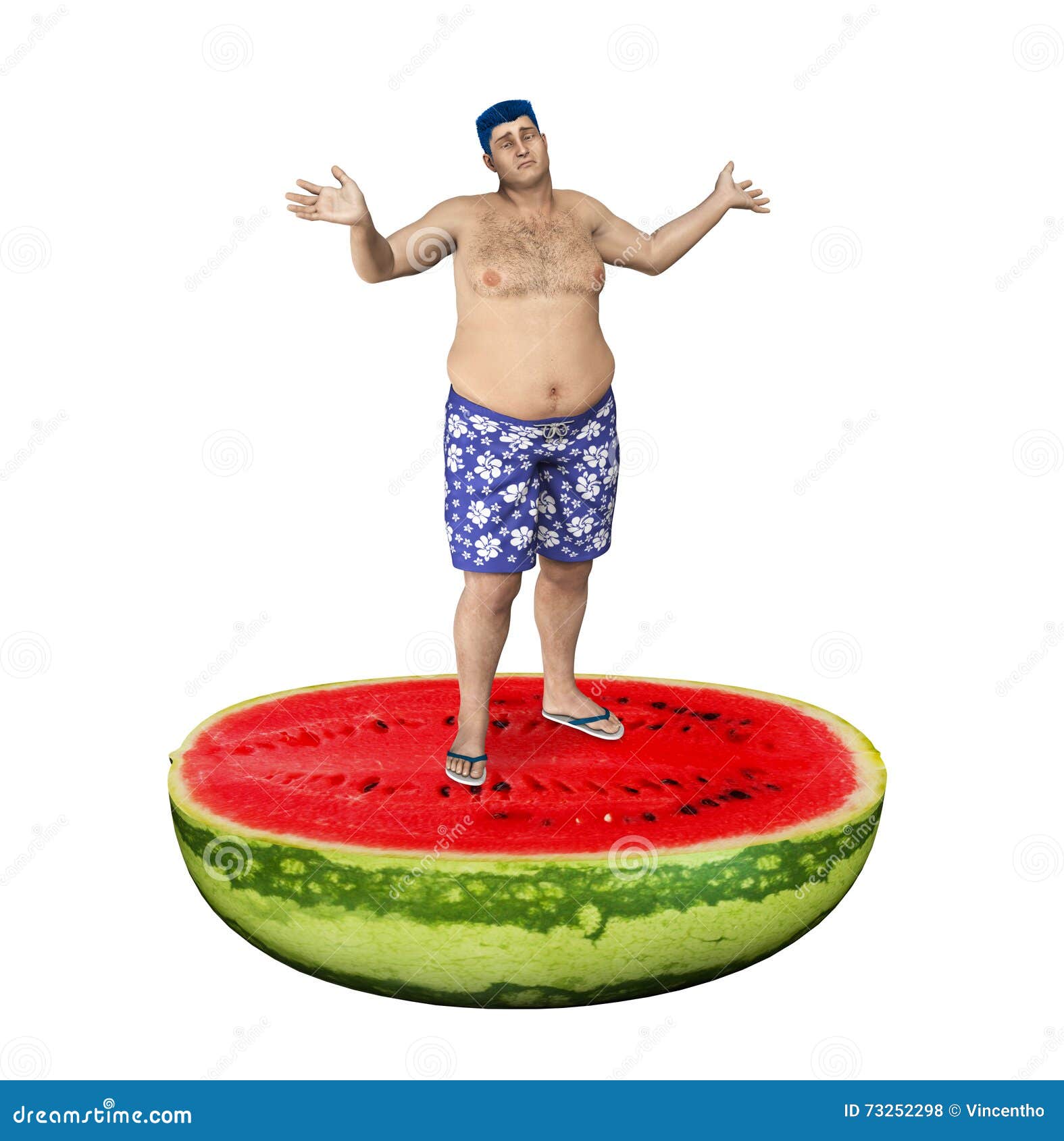 Helpless Obese Man Standing Watermelon Weight Gain Stock Photo Illustration of fruit, problem