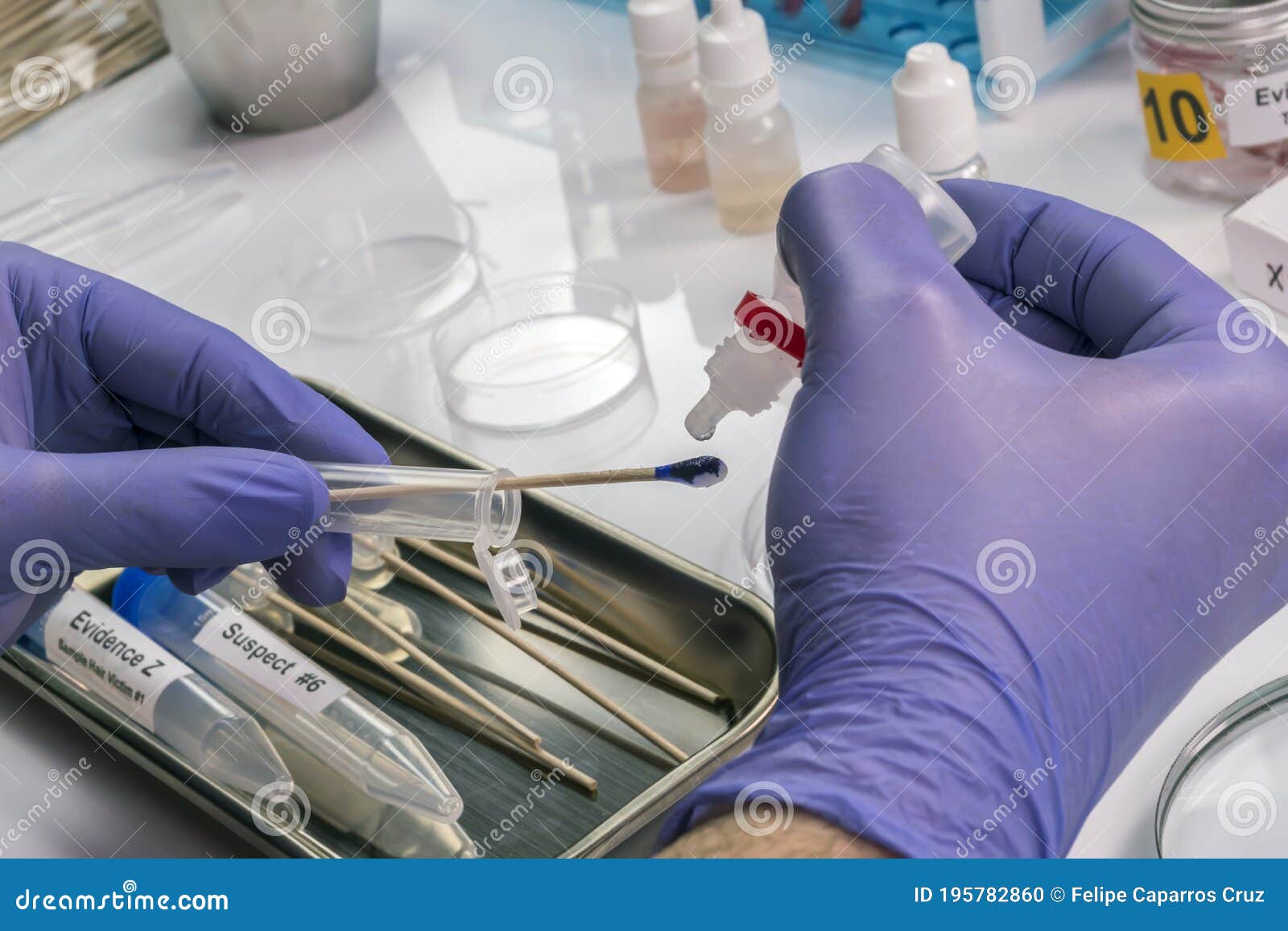 hematological analysis with forensic test kit in a murder in a crime lab, positive for human blood