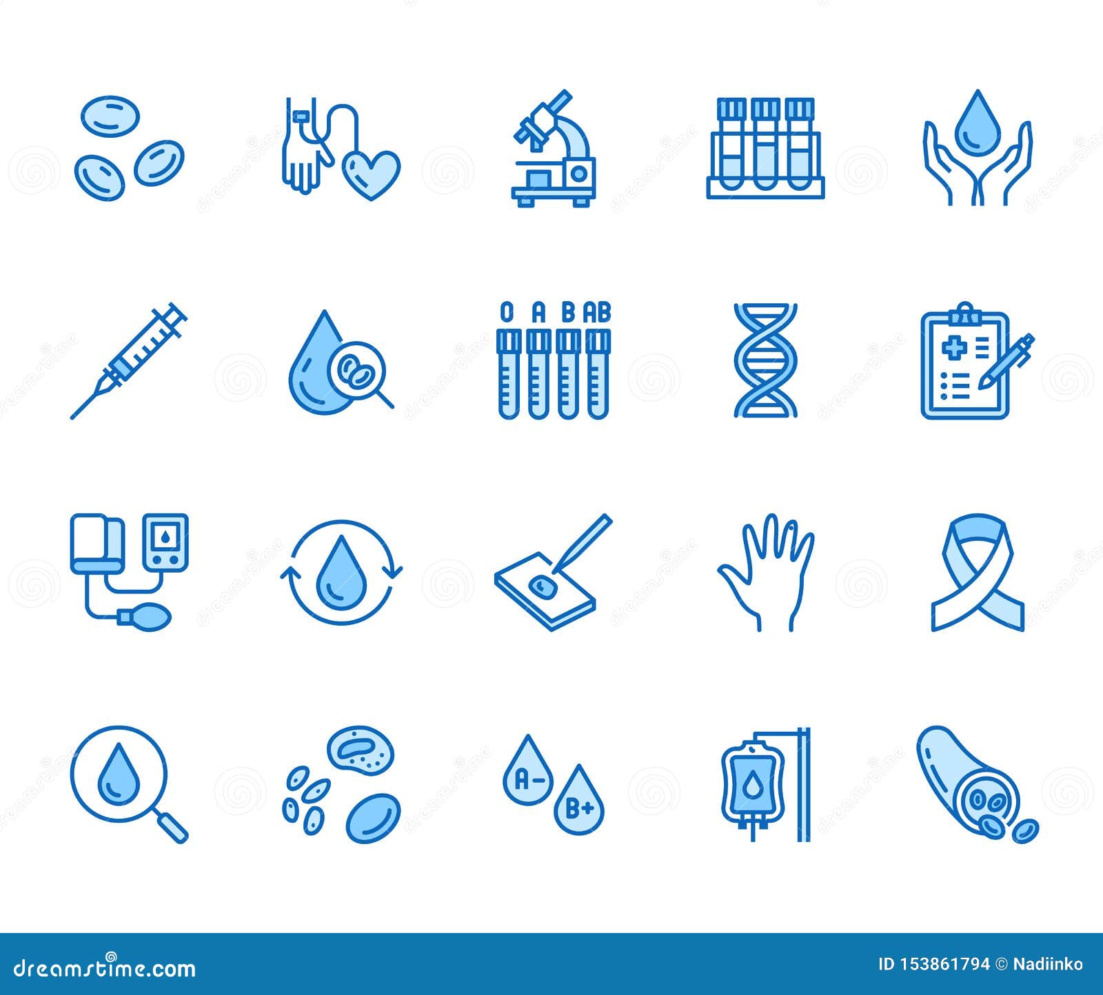 hematology flat line icons set. blood cell, vessel, sphygmomanometer, dna test, biochemical microscope 